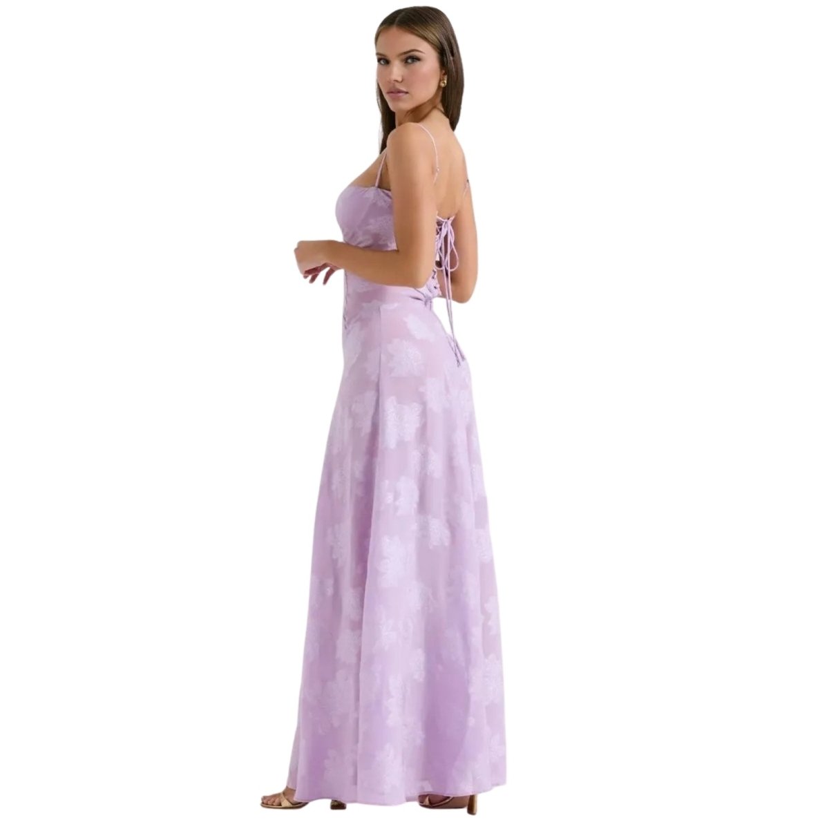 Robe Maxi Femme Corset Jacquard Floral Dos Lacets Soirée