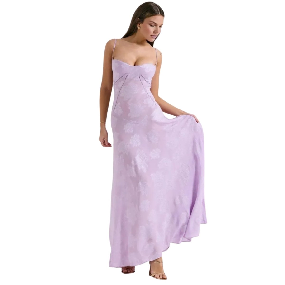 Robe Maxi Femme Corset Jacquard Floral Dos Lacets Soirée