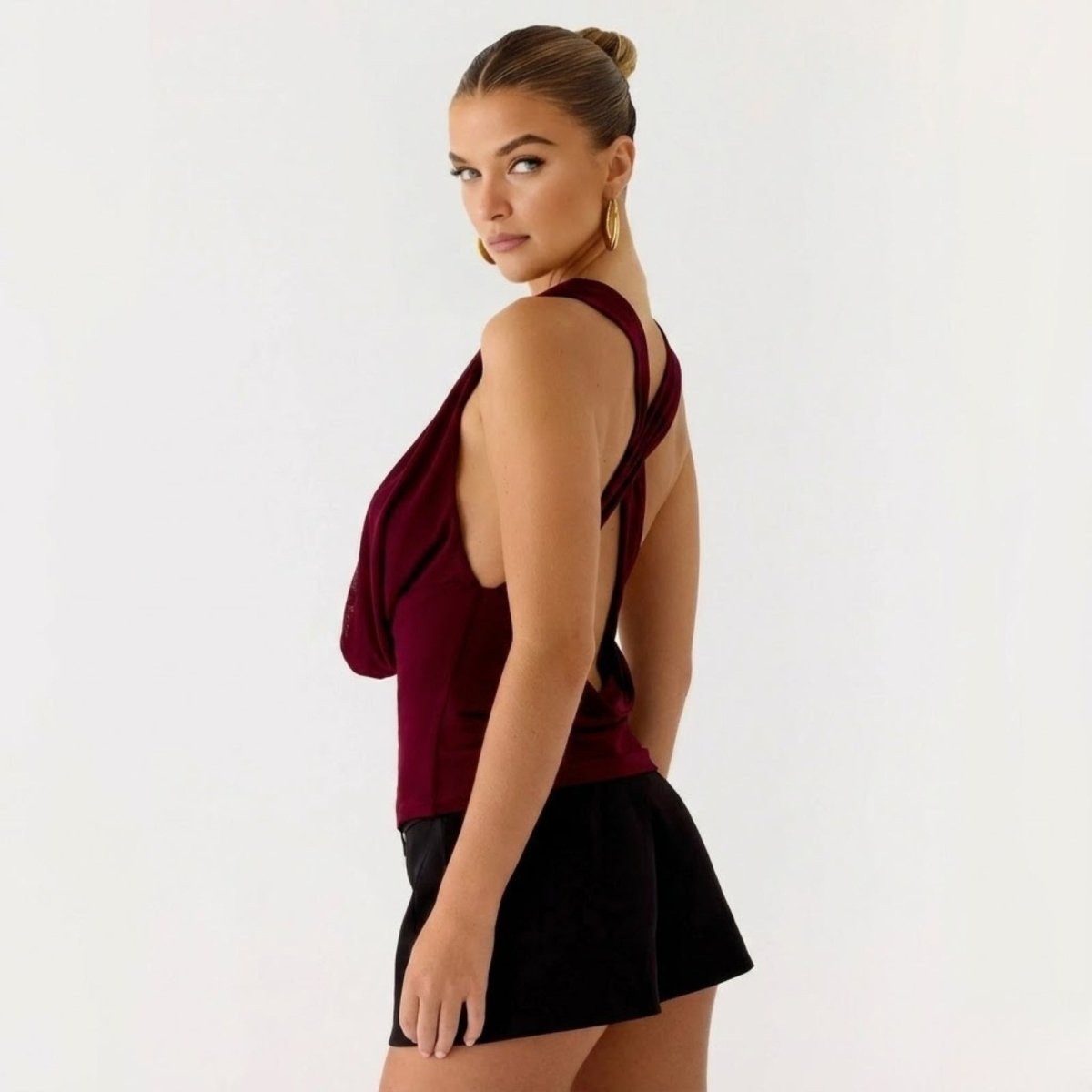 Top Femme Col Bénitier Dos Nu Jersey Drapé Sans Manches