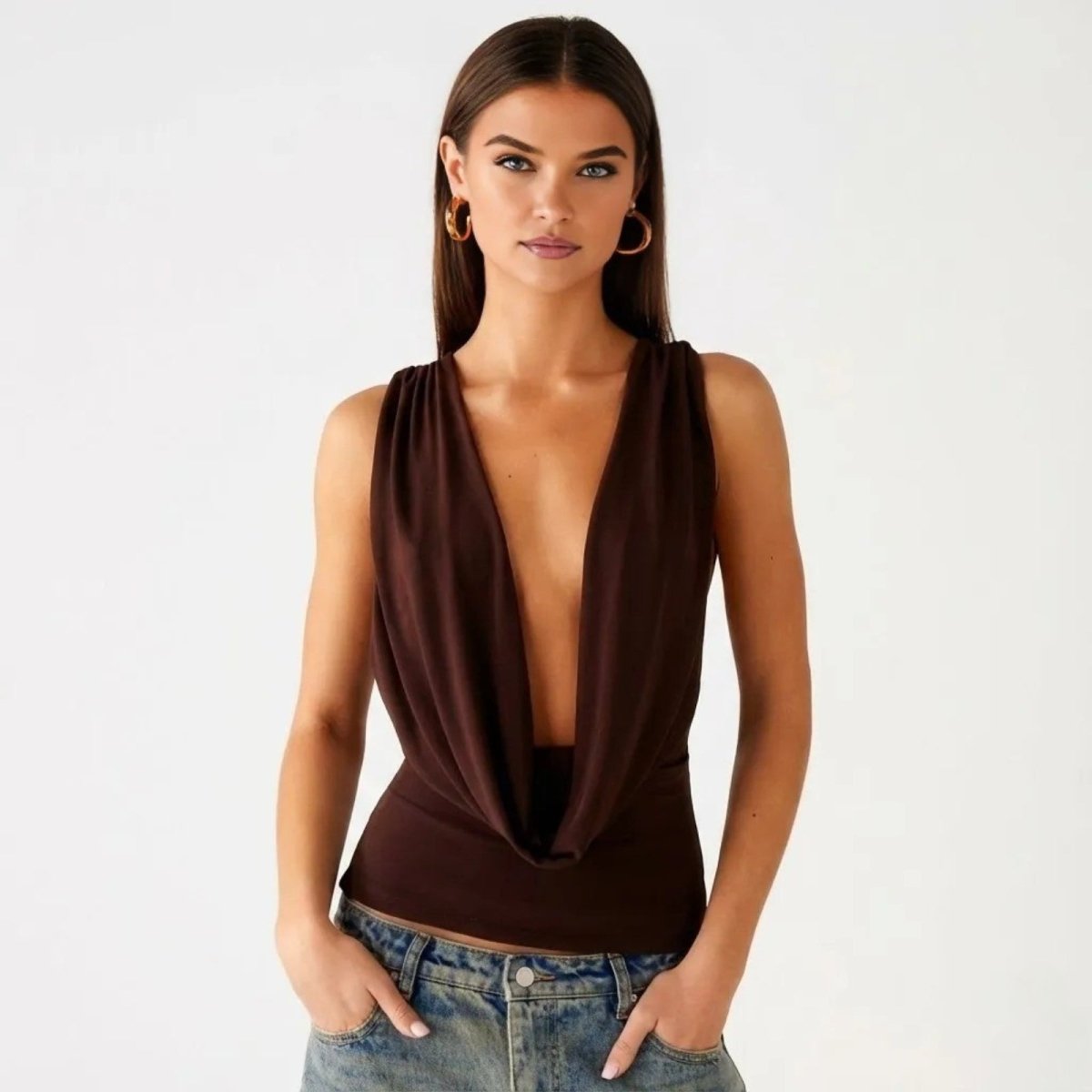 Top Femme Col Bénitier Dos Nu Jersey Drapé Sans Manches