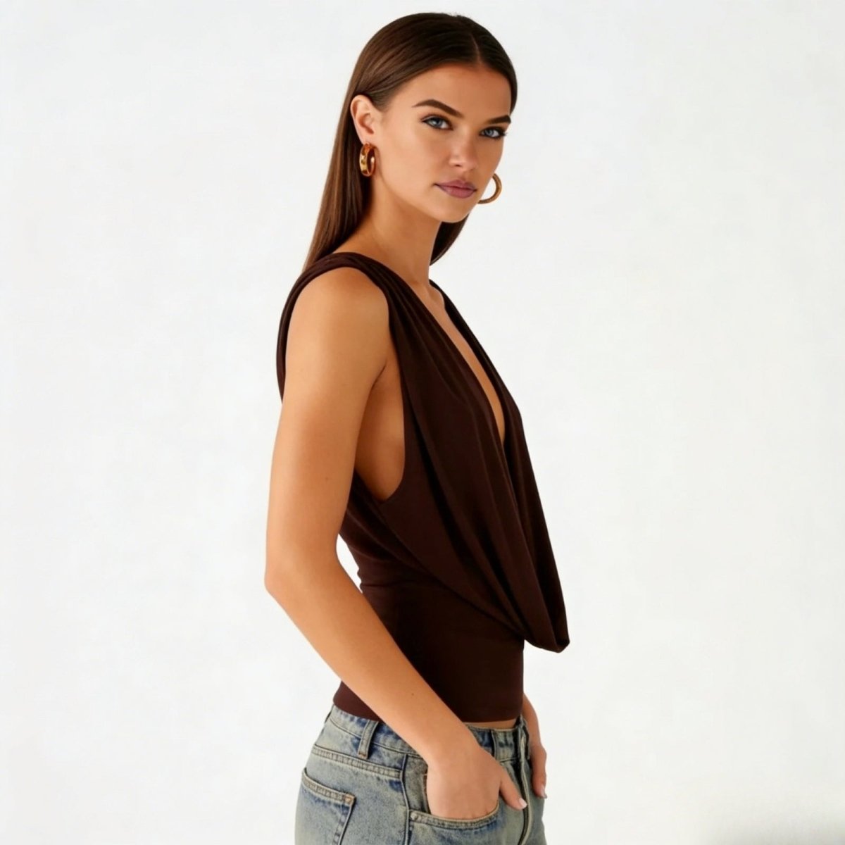 Top Femme Col Bénitier Dos Nu Jersey Drapé Sans Manches