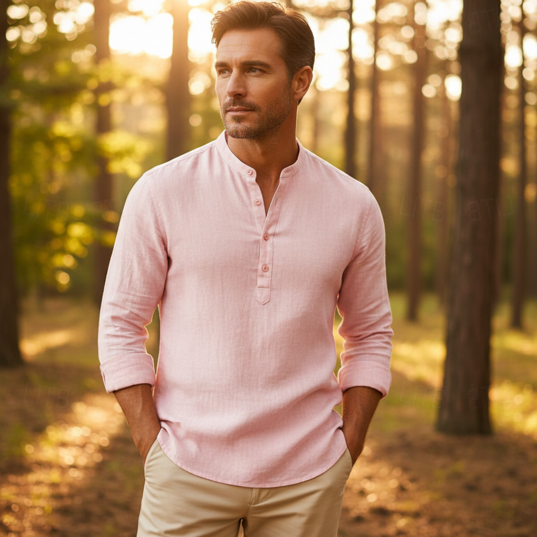 Chemise homme lin manches longues col henley été