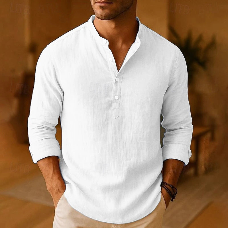 Chemise homme lin manches longues col henley été