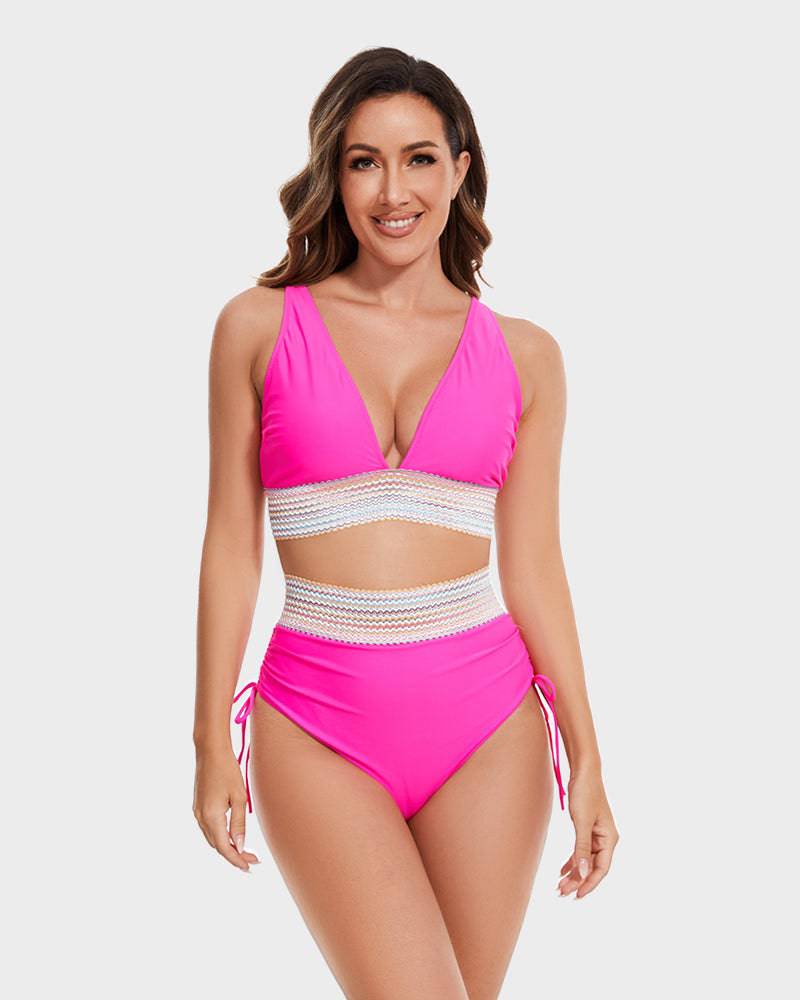 Bikini femme taille haute gainant colorblock réglable
