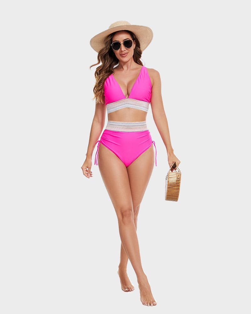 Bikini femme taille haute gainant colorblock réglable