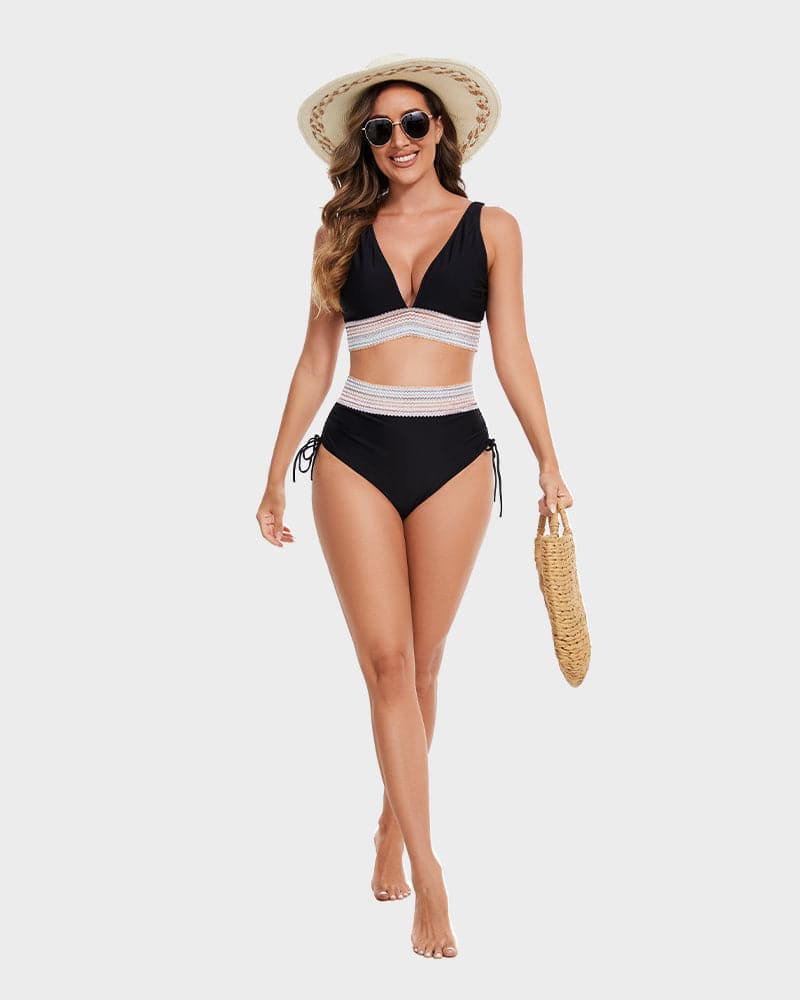 Bikini femme taille haute gainant colorblock réglable