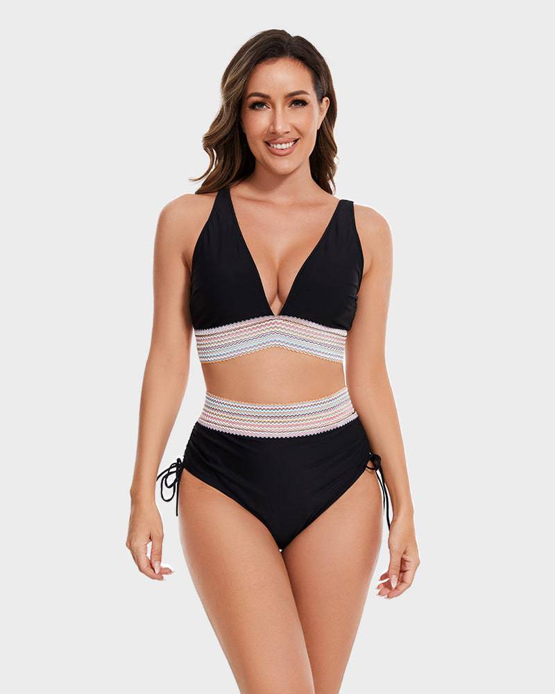 Bikini femme taille haute gainant colorblock réglable