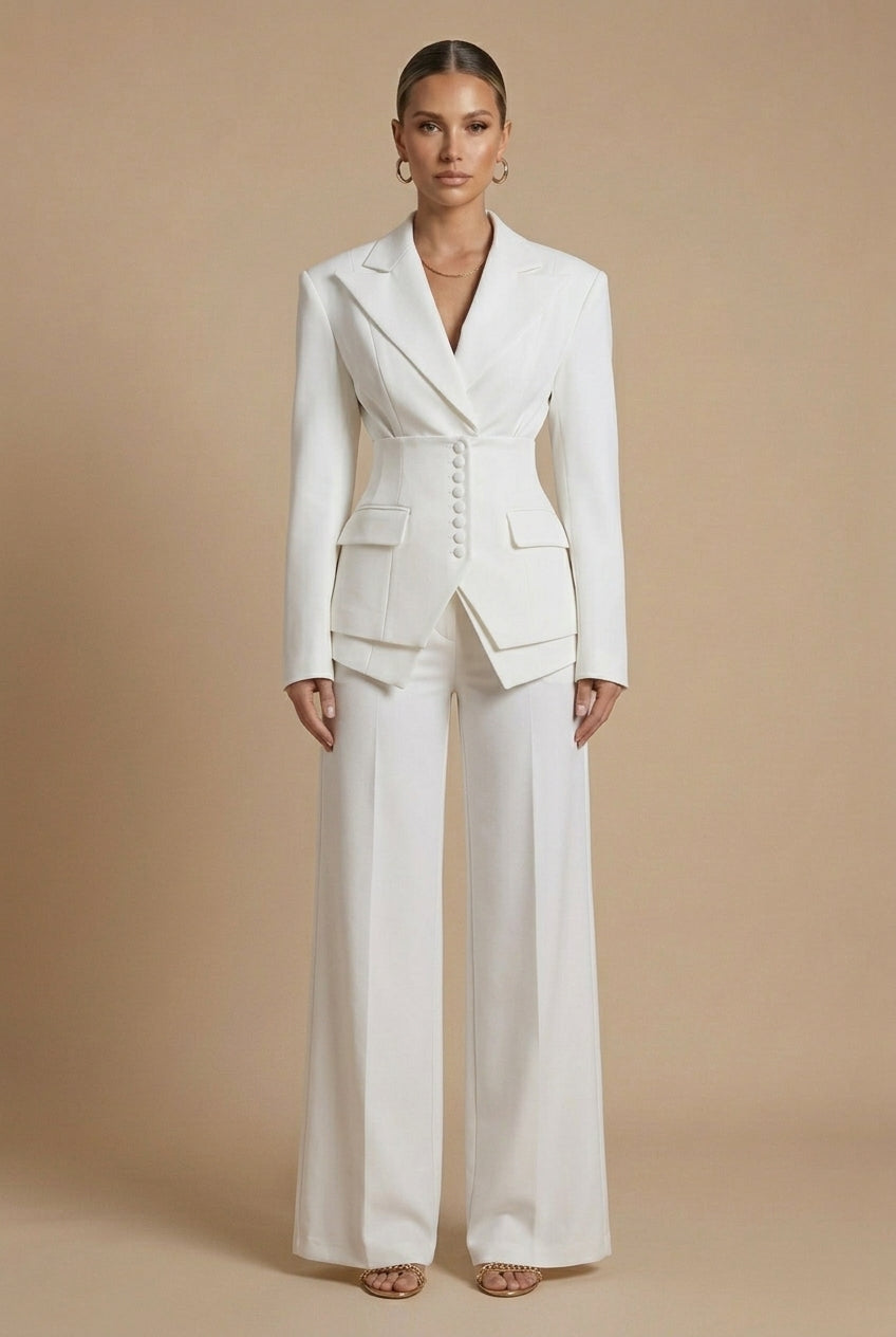 Tailleur femme deux pièces revers pointus pantalon jambe large