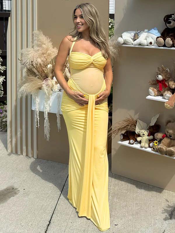 Robe Maxi Maternité Maille Froncée Dos Nu Col Licou