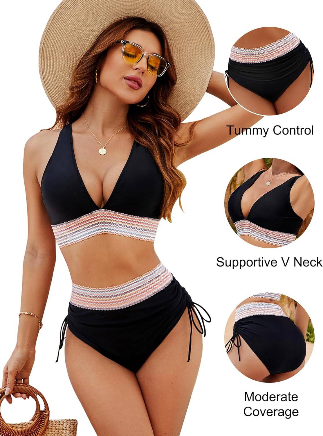 Bikini femme taille haute gainant colorblock réglable