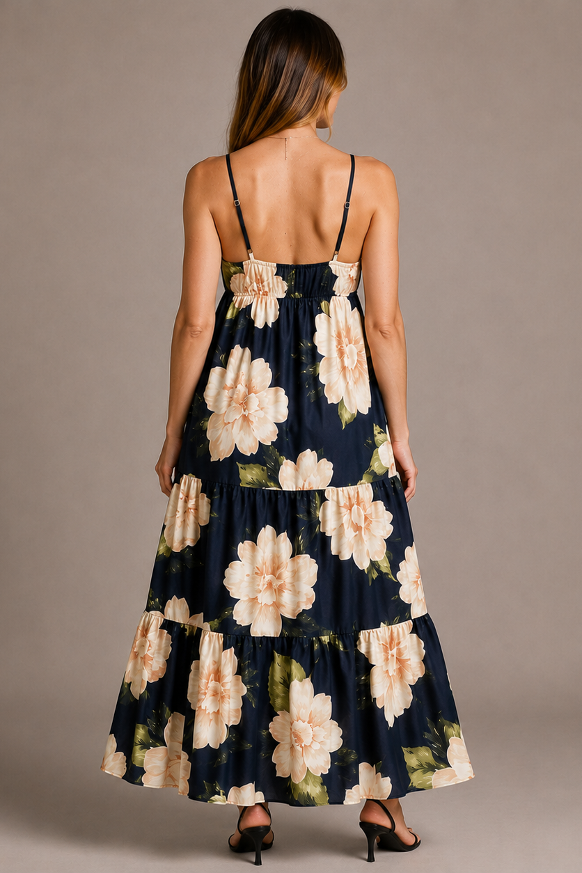 Robe longue maternité fleurie col V dos ouvert grossesse