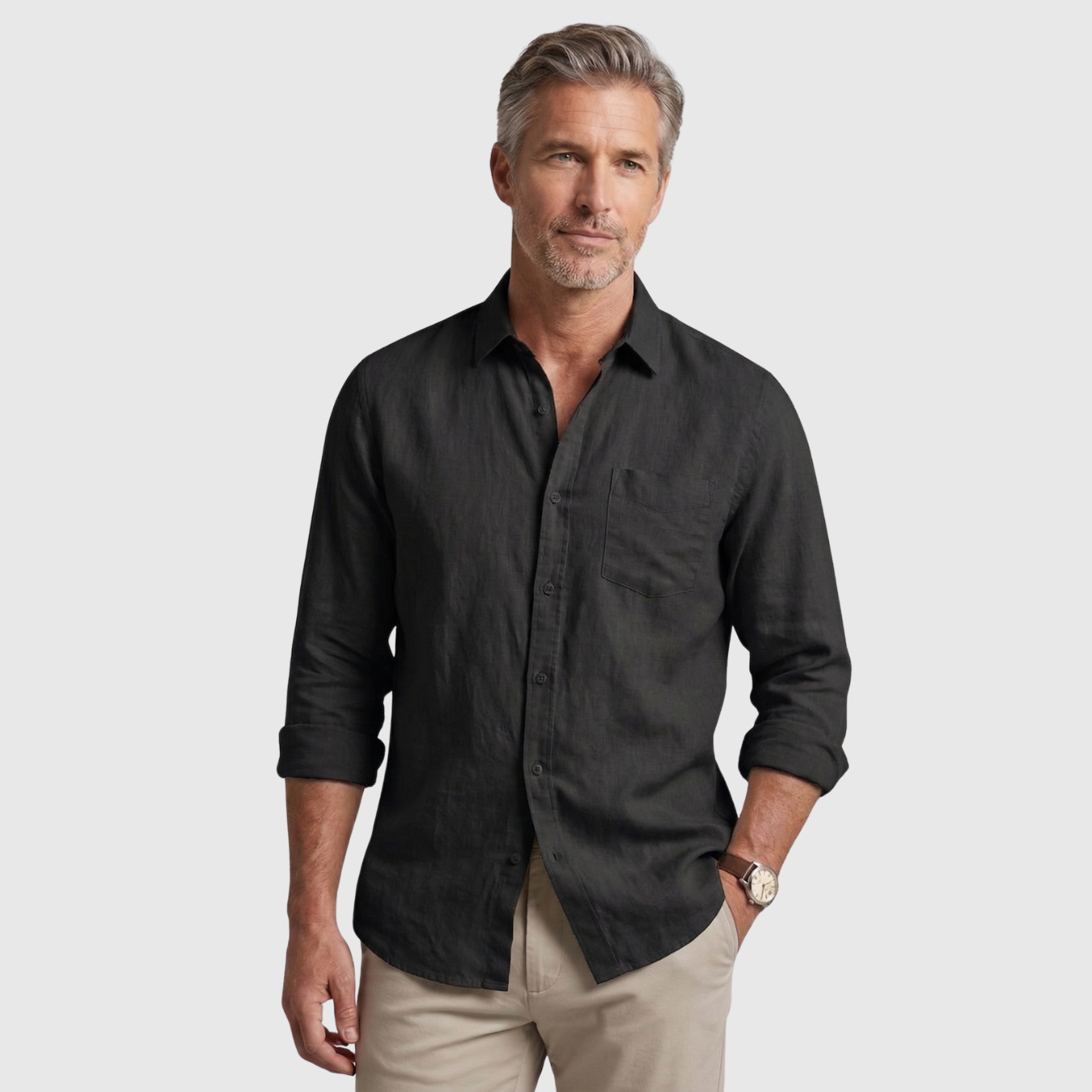 Chemise homme en lin manches longues col boutonné coupe légère été