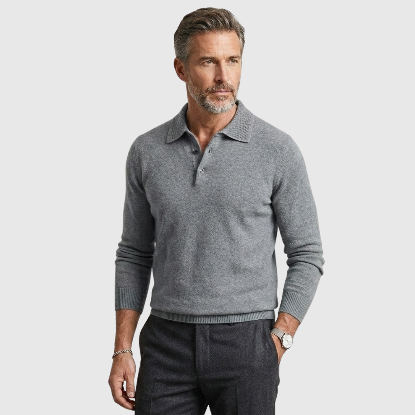 Pull homme laine mérinos col polo boutonné manches longues coupe droite
