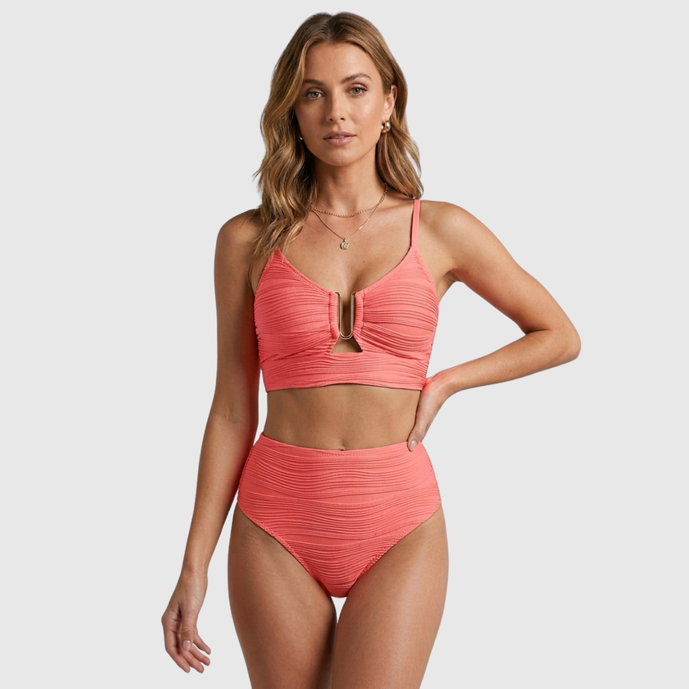 Bikini taille haute femme texturé avec découpe U et deux pièces