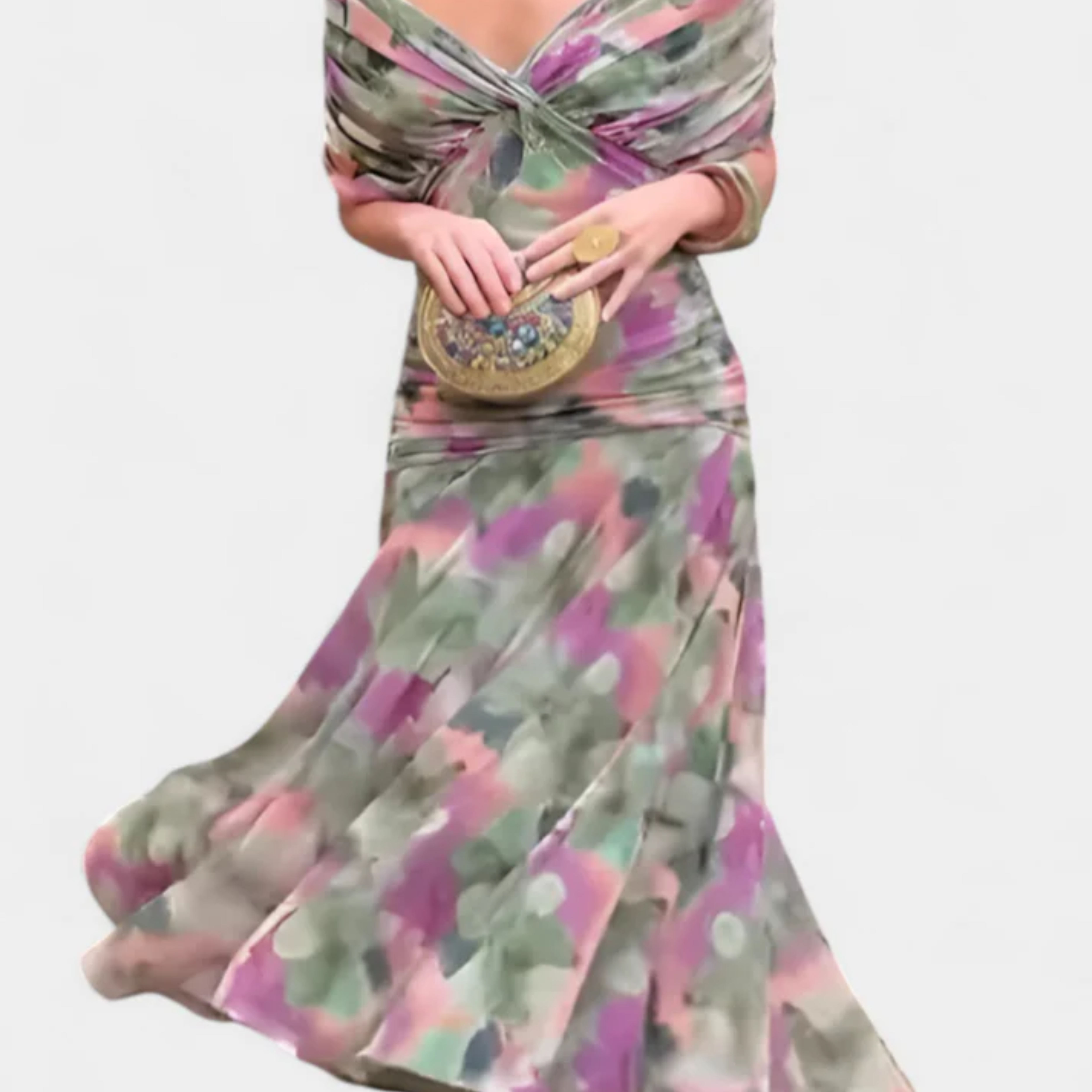 Robe maxi évasée — col en V et manches flottantes — cérémonie