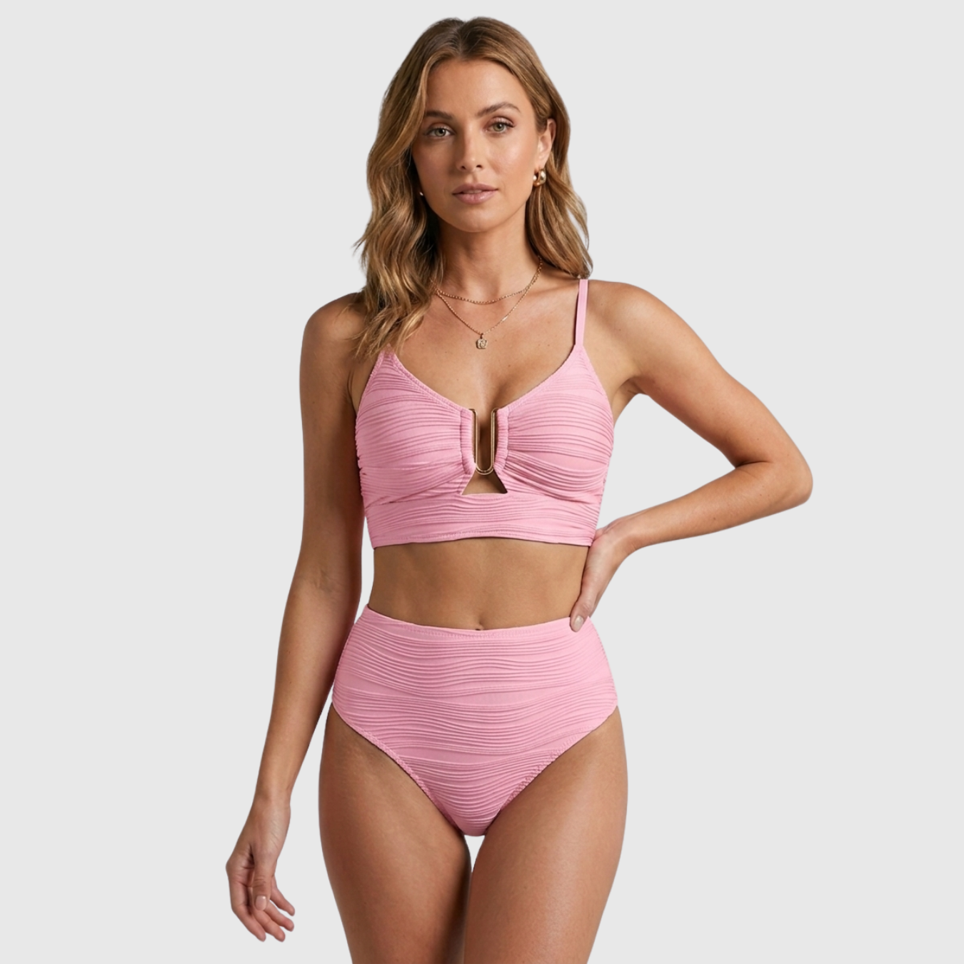 Bikini taille haute femme texturé avec découpe U et deux pièces