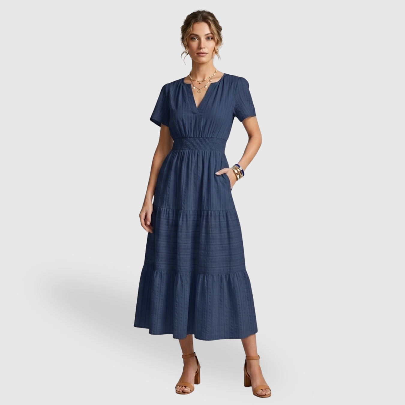 Robe longue femme bohème col V manches courtes coupe fluide