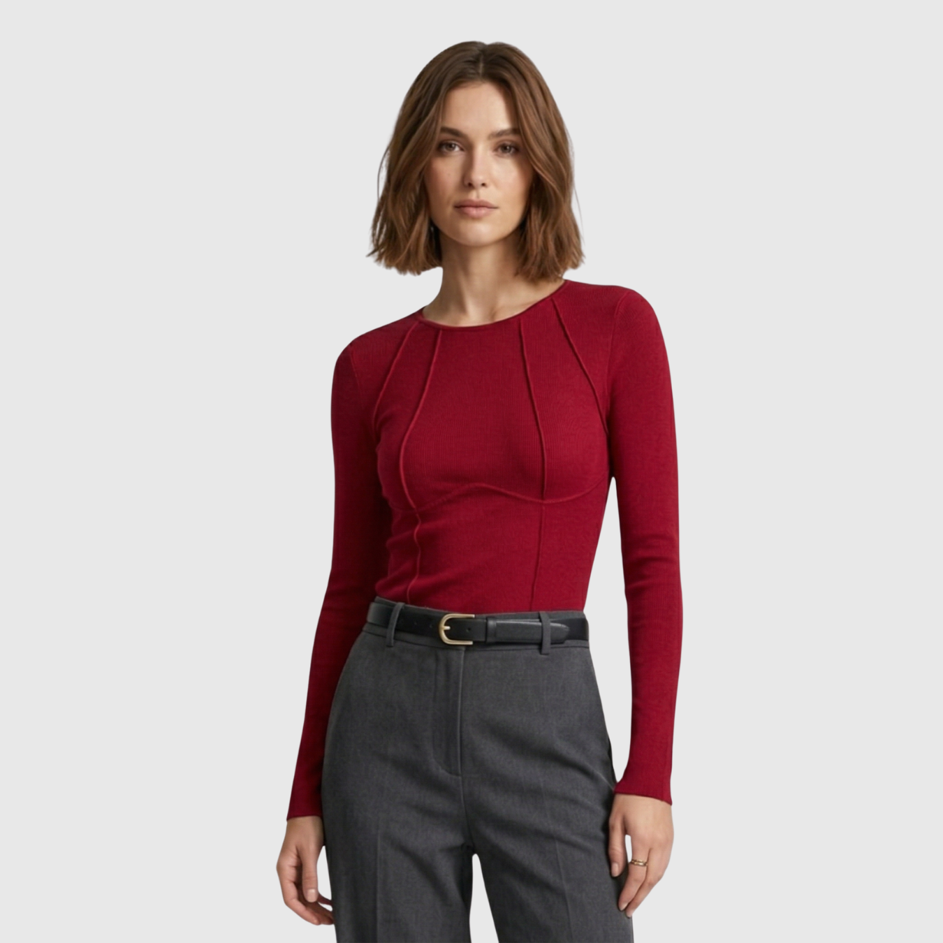 Top manches longues femme ajusté détail piping col rond