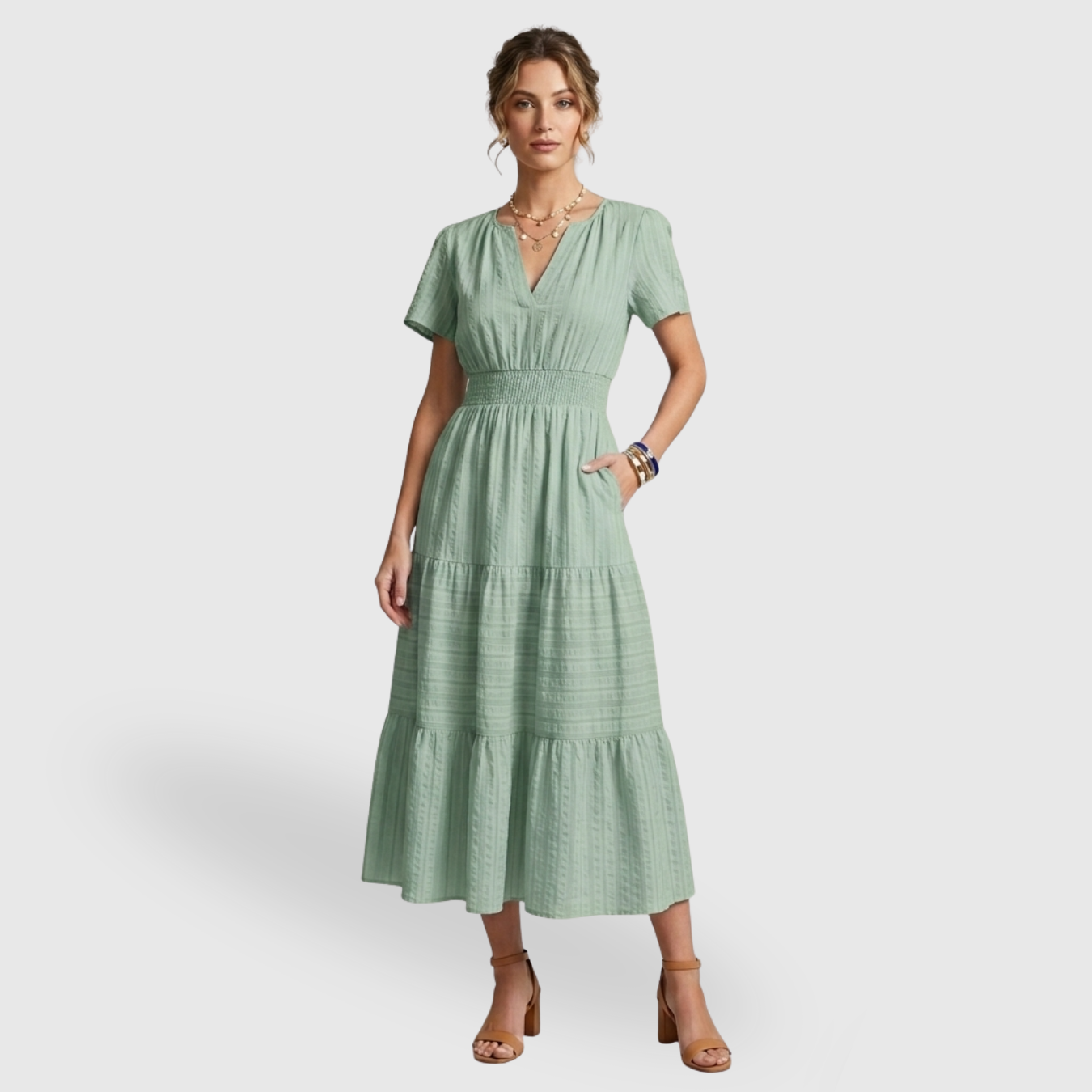 Robe longue femme bohème col V manches courtes coupe fluide