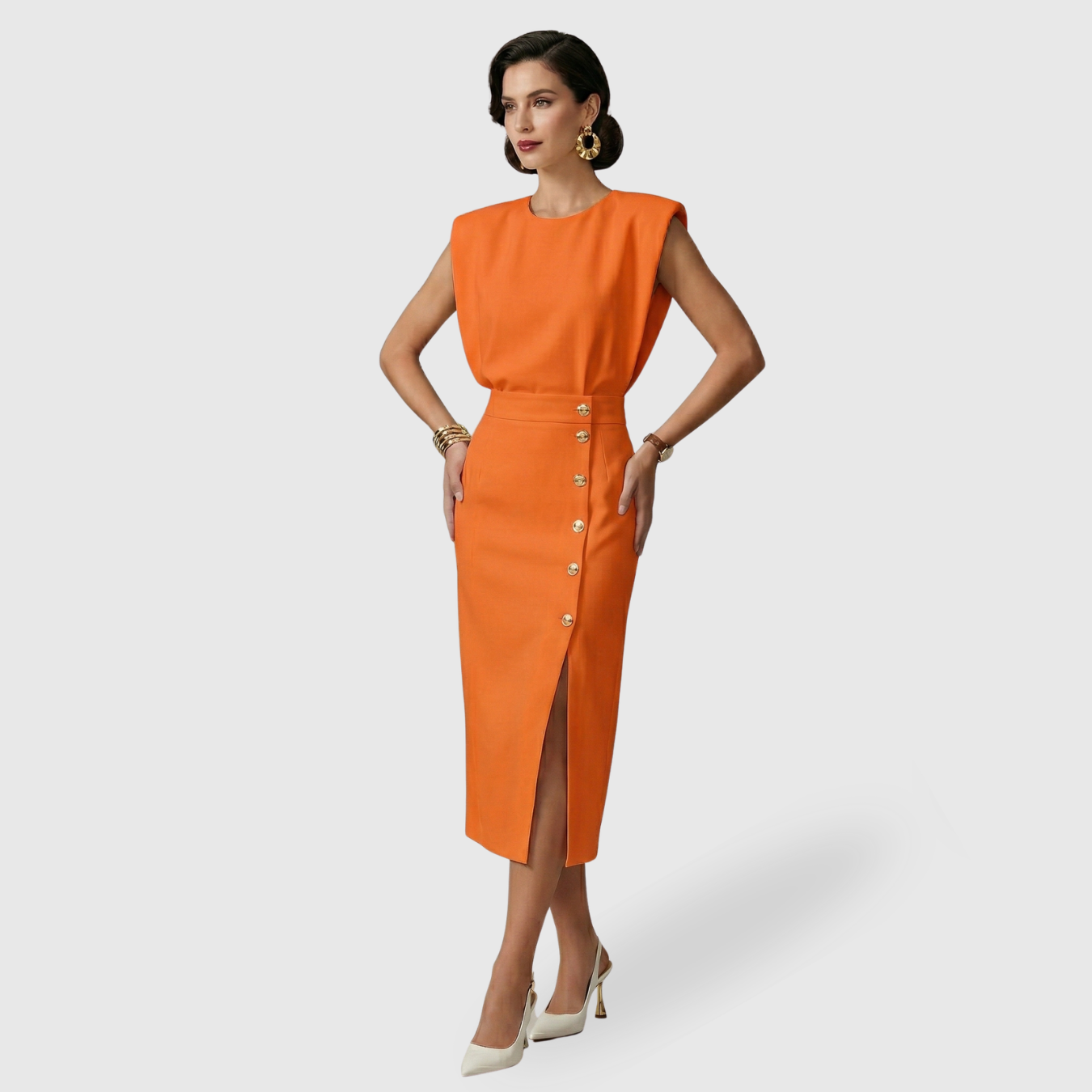 Robe midi femme sans manches ceinturée fente avant fermeture boutonnée
