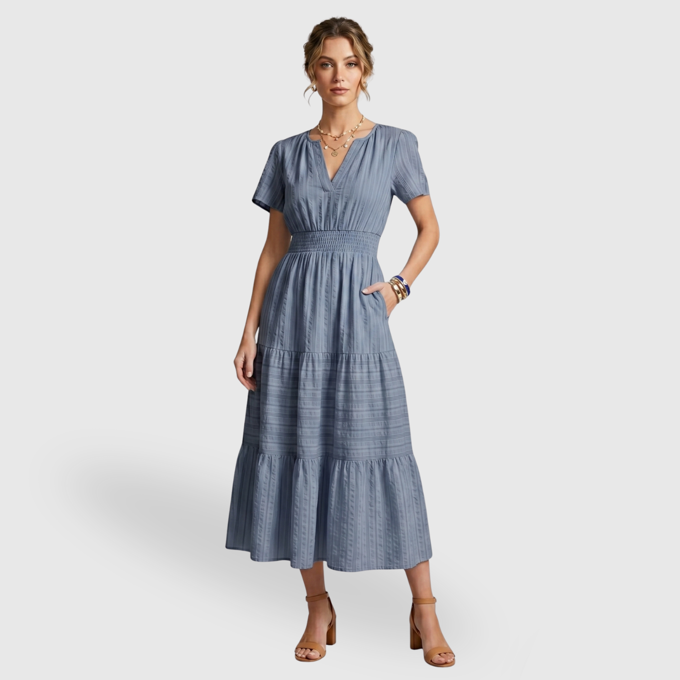 Robe longue femme bohème col V manches courtes coupe fluide