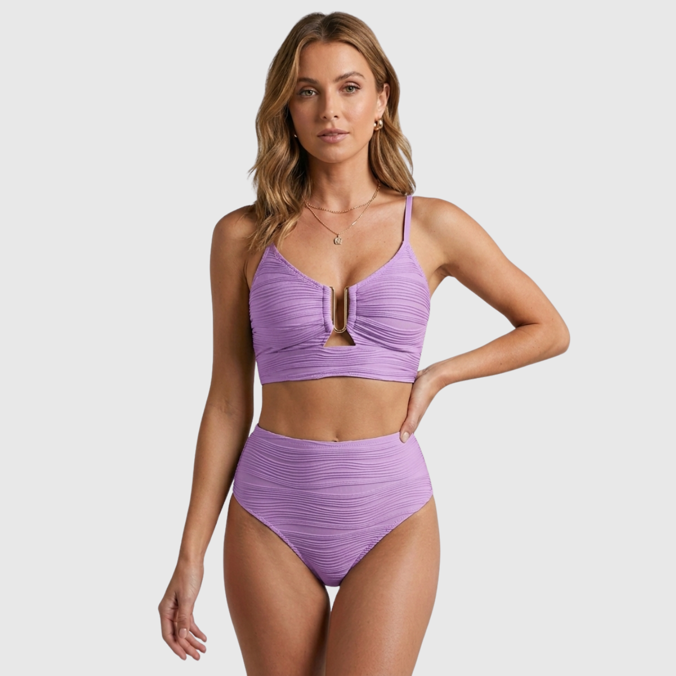 Bikini taille haute femme texturé avec découpe U et deux pièces
