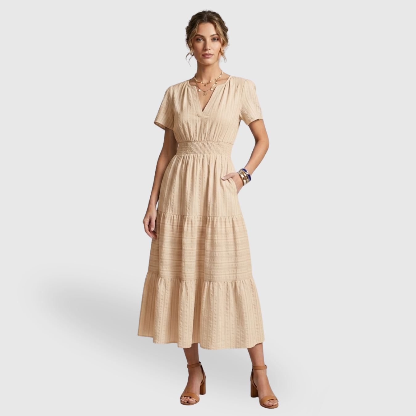 Robe longue femme bohème col V manches courtes coupe fluide