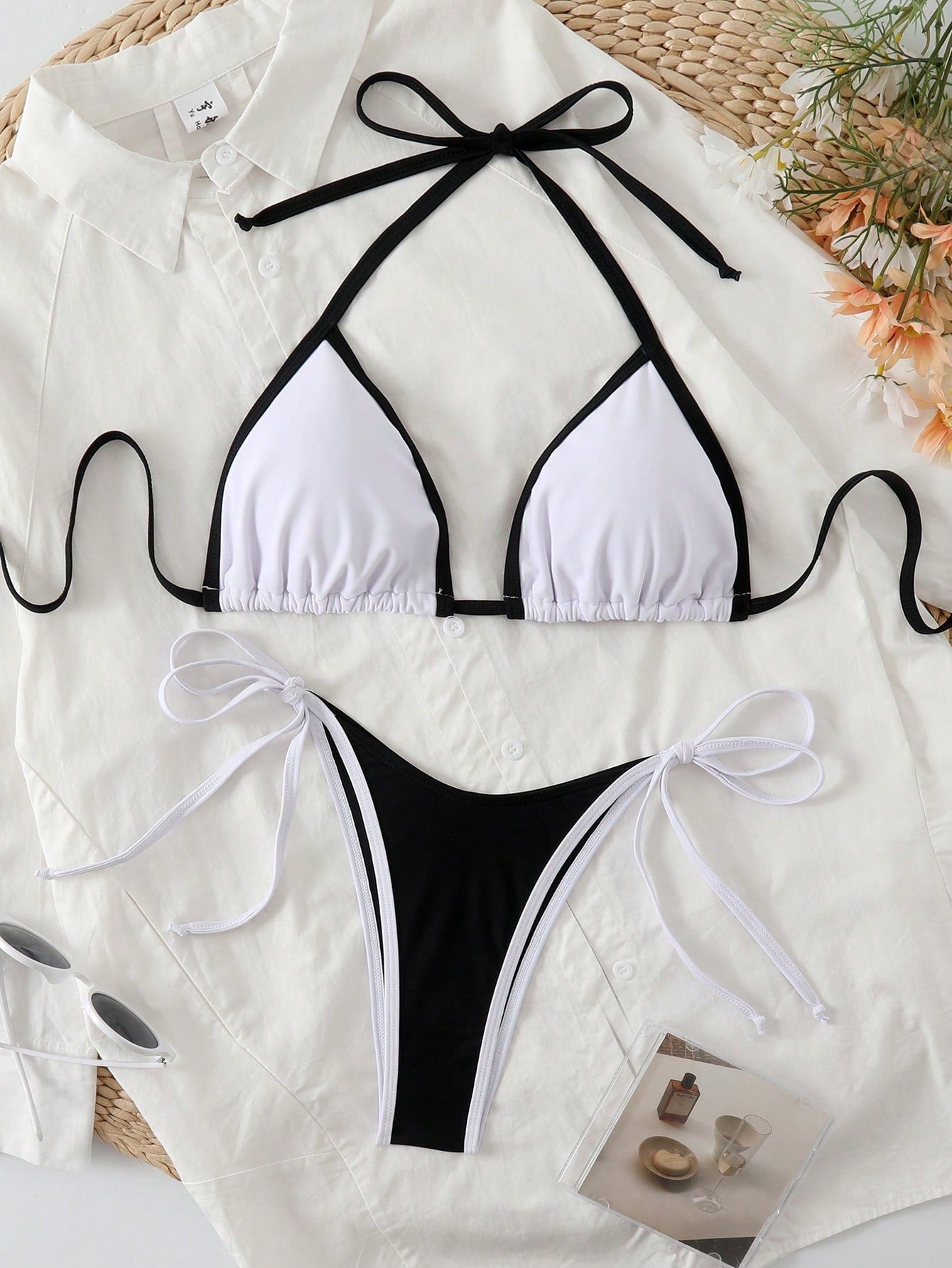 Bikini Triangle Halter Femme Bord Contrasté à Nouer