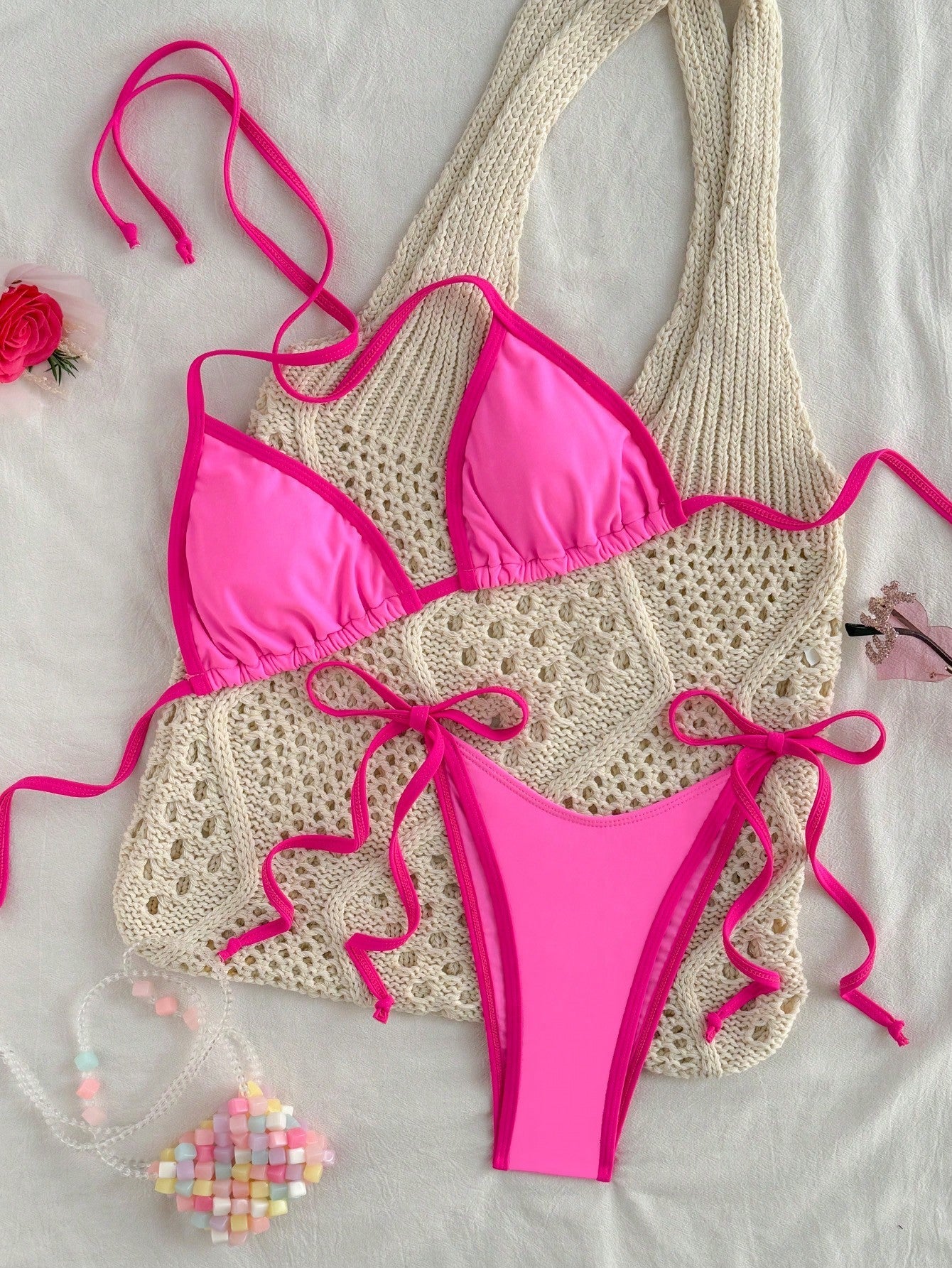 Bikini Triangle Halter Femme Bord Contrasté à Nouer
