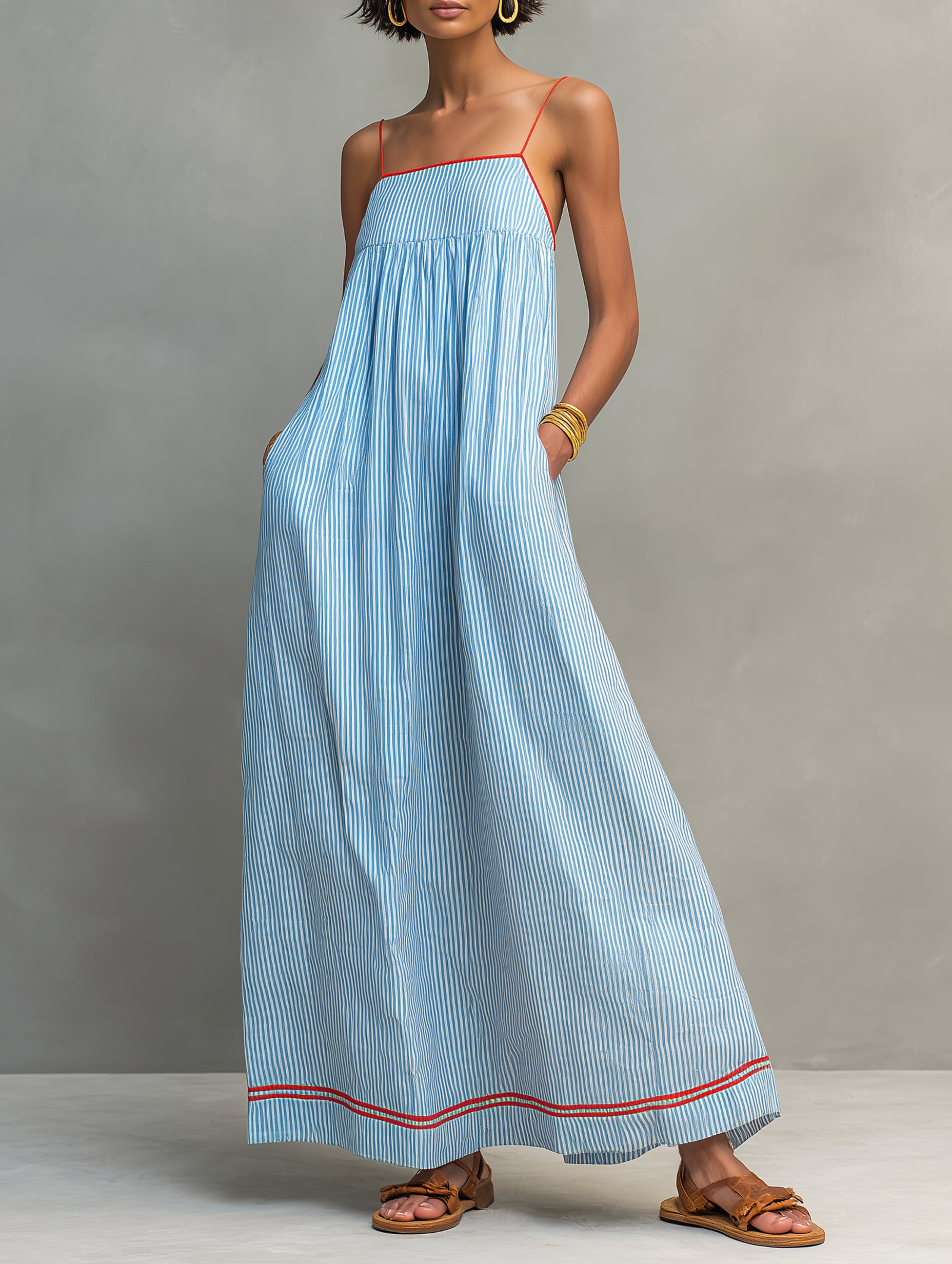 Robe maxi femme rayée minimaliste bretelles spaghetti