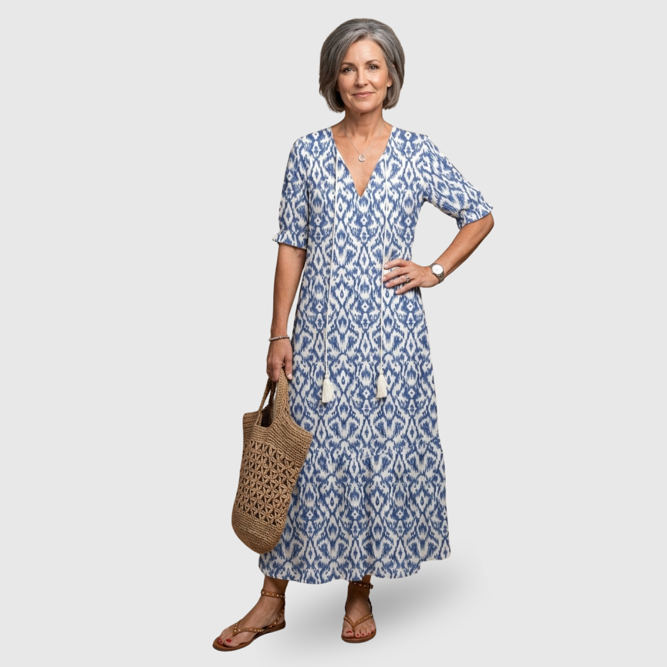 Robe bohème femme col V robe d’été fluide imprimée style vintage