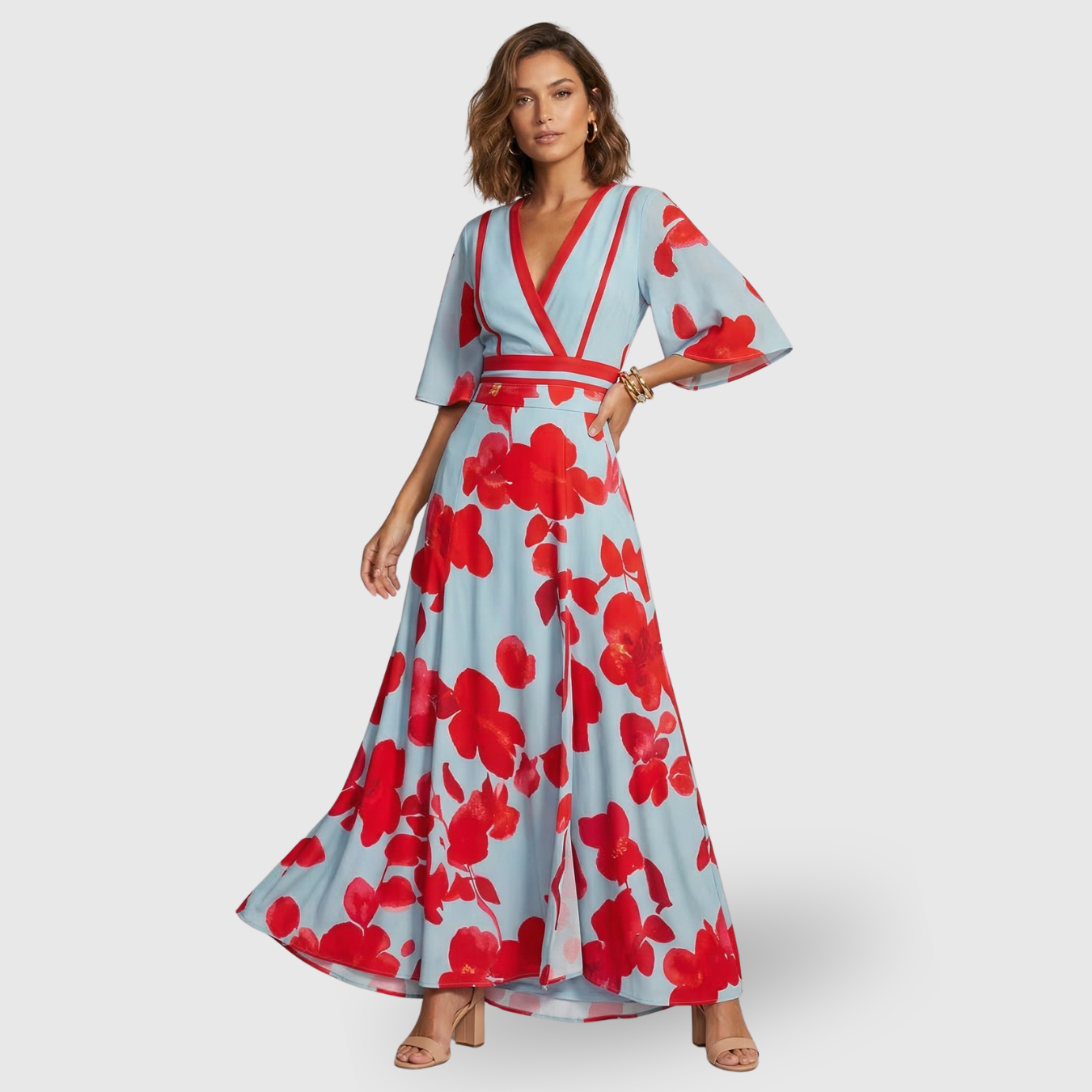 Robe longue femme col en V manches courtes coupe fluide taille cintrée été