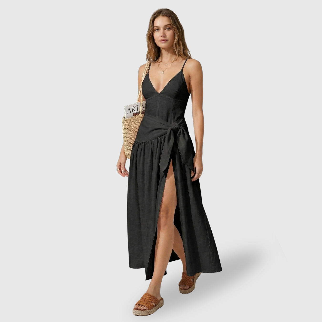 Robe longue femme en lin col en V manches courtes taille nouée coupe fluide