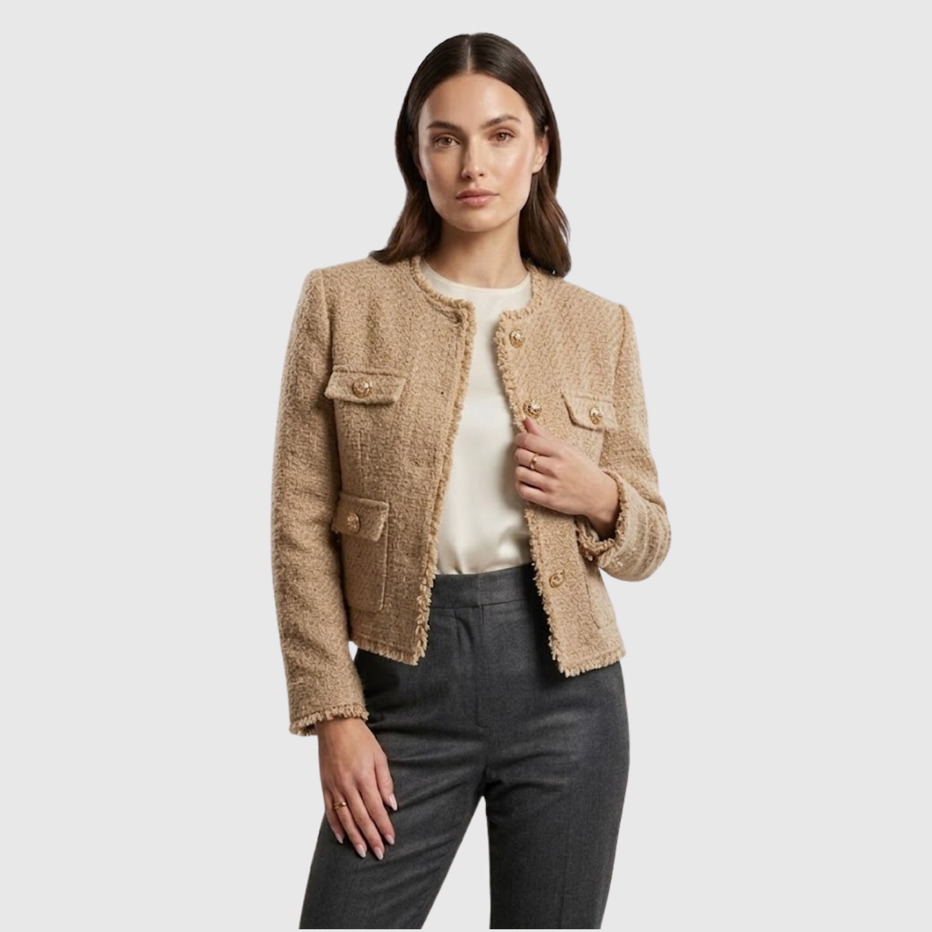 Veste femme tweed cintrée boutonnée col rond manches longues