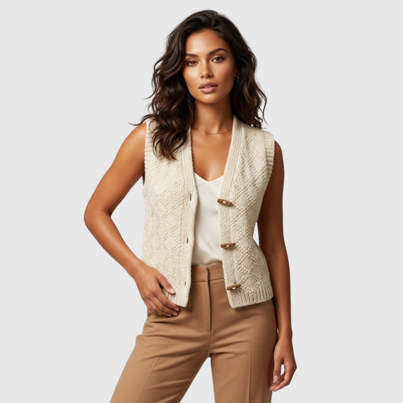 Gilet femme sans manches maille texturée fermeture boutons
