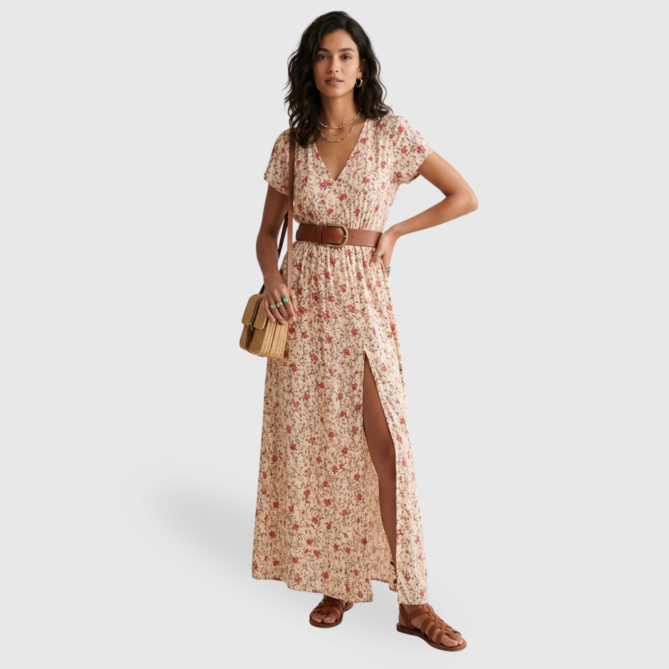 Robe longue femme bohème manches courtes col en V coupe fluide été