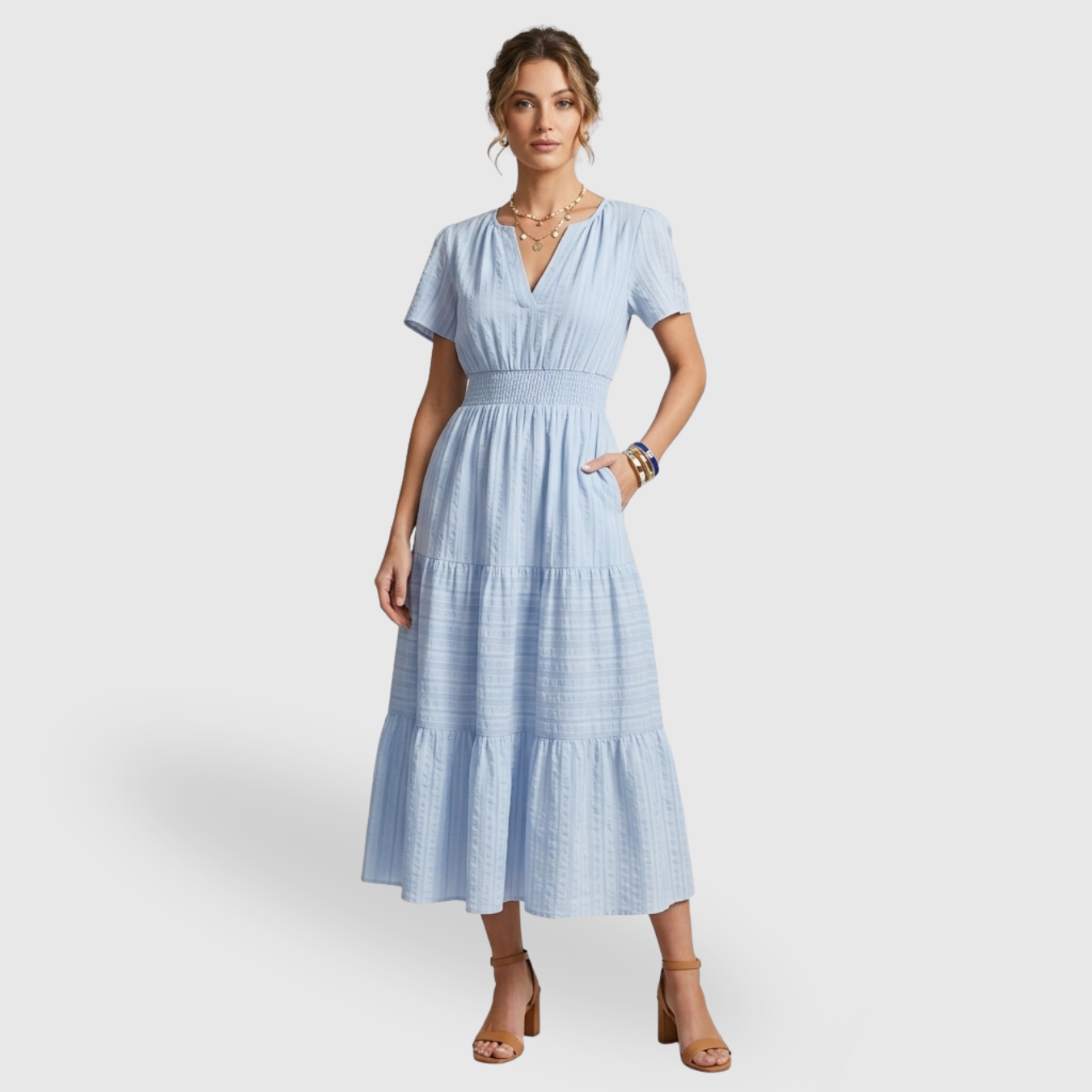 Robe longue femme bohème col V manches courtes coupe fluide