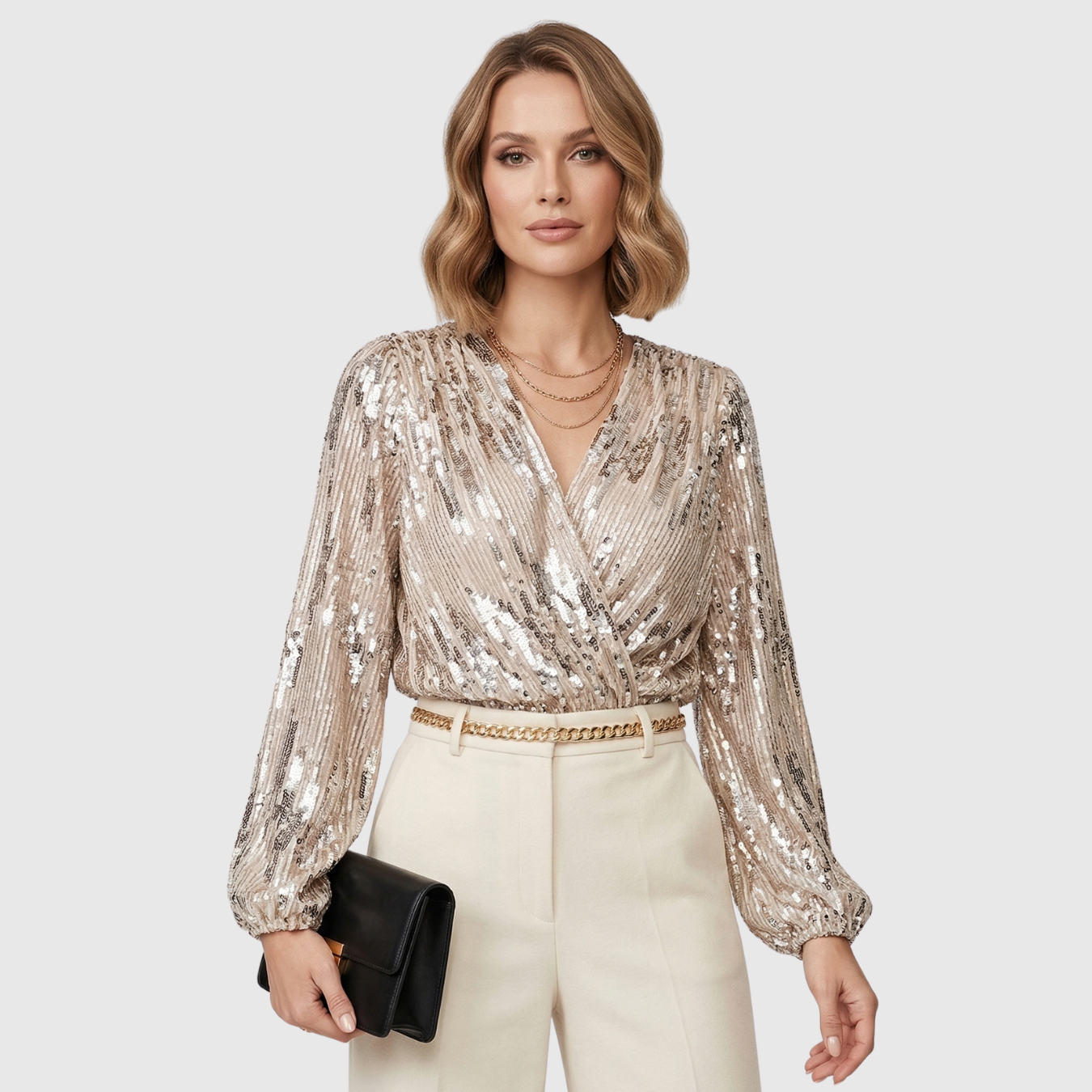 Blouse femme sequins col V manches longues coupe fluide