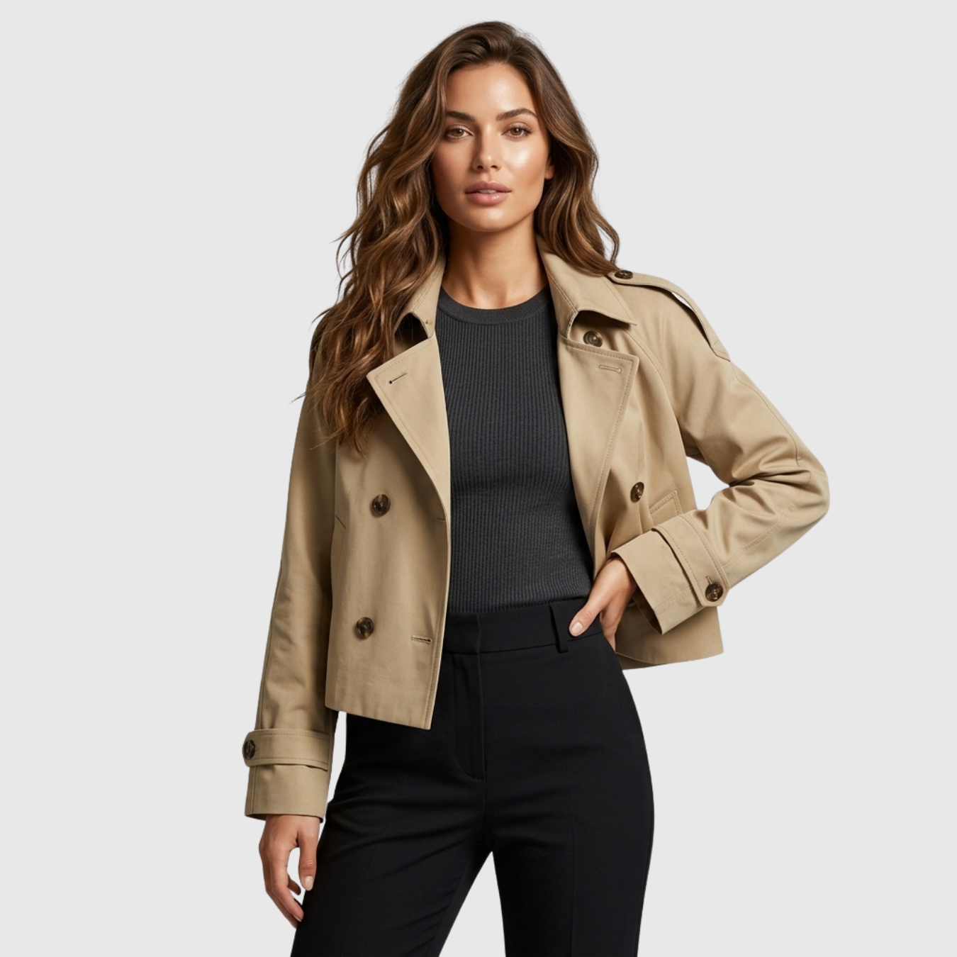 Trench court femme boutonné coupe droite col montant