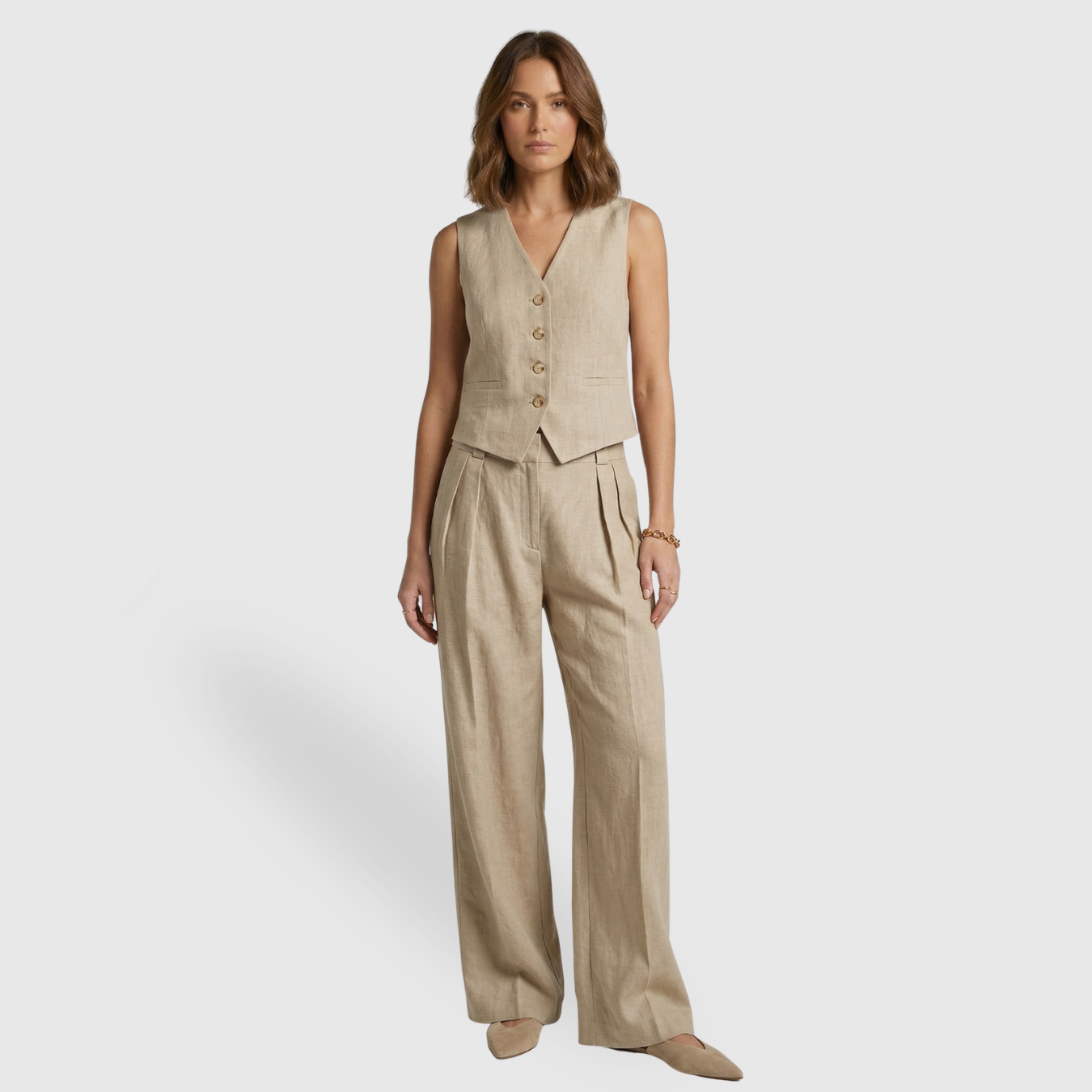 Ensemble lin femme gilet sans manches pantalon large taille haute