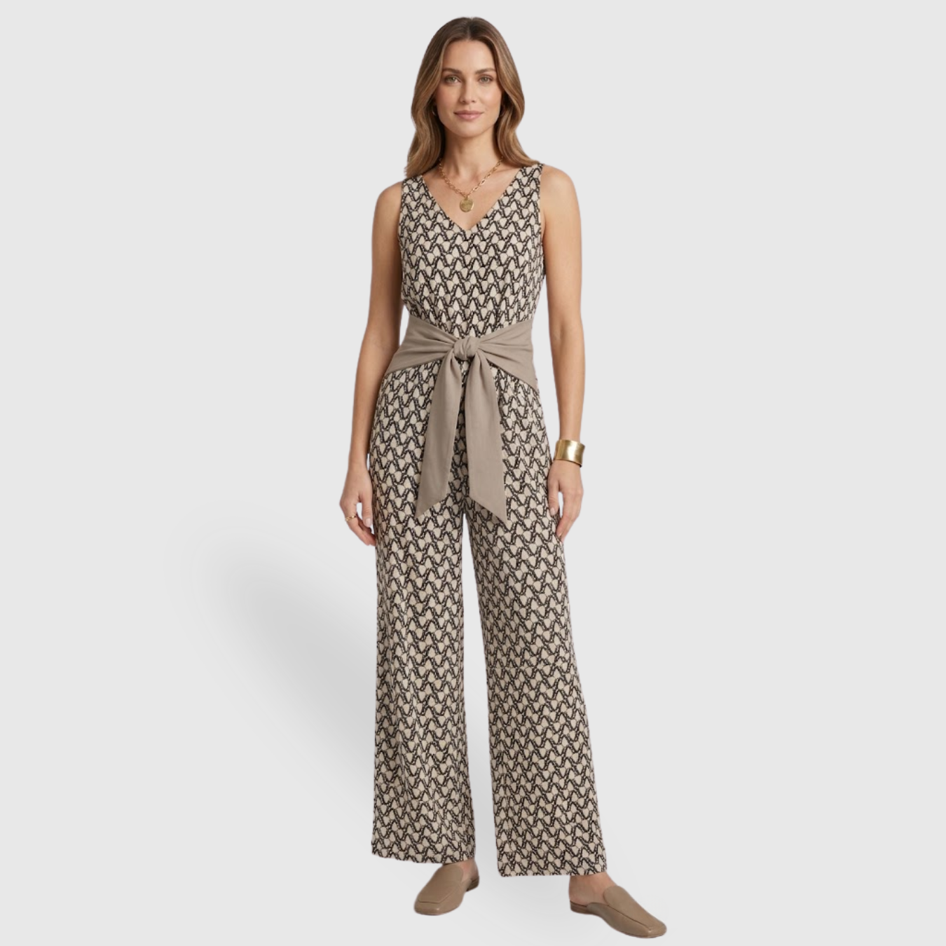 Combinaison femme été longue sans manches taille nouée col V coupe ample