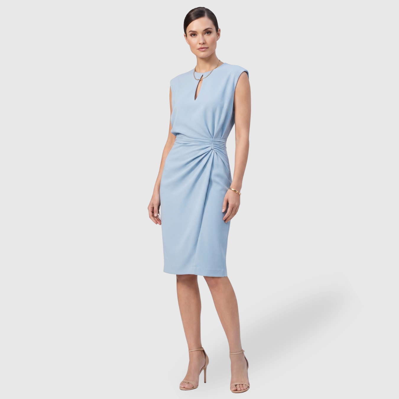 Robe midi femme col goutte d’eau sans manches taille froncée ajustée