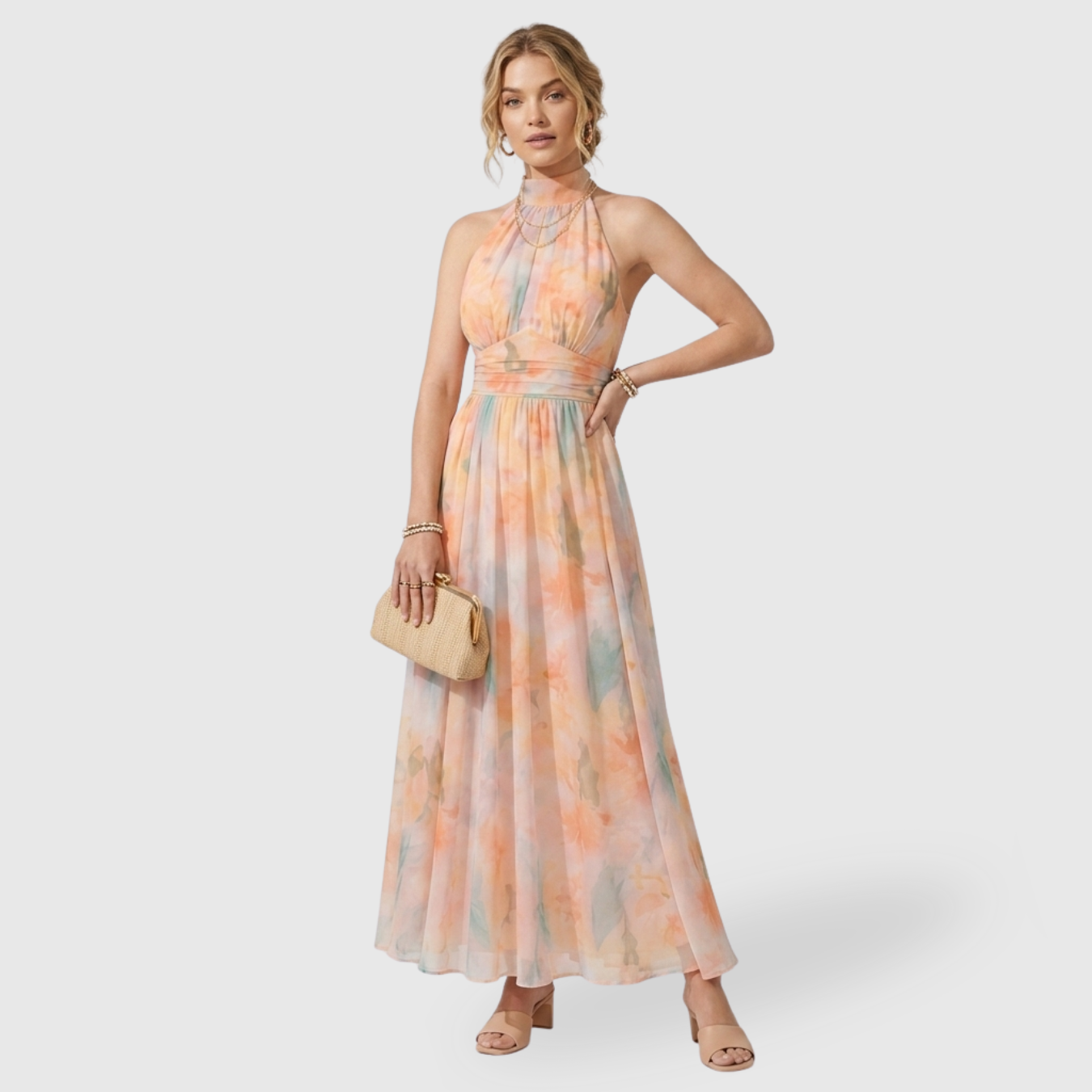 Robe longue femme dos nu col halter coupe fluide taille cintrée