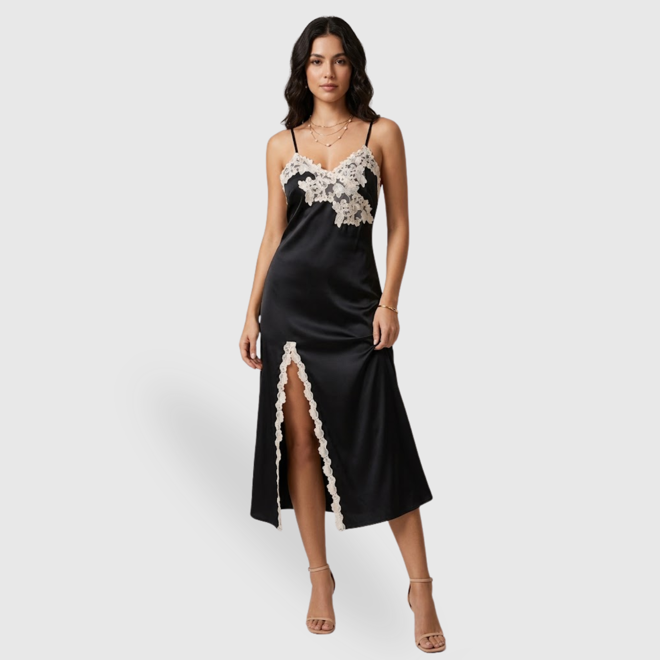 Nuisette satin femme robe de nuit bretelles fines dos nu longueur midi