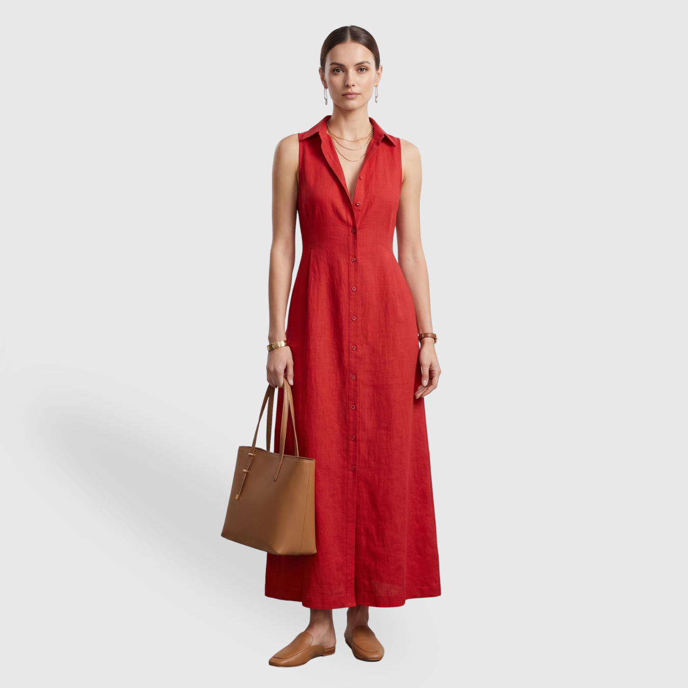 Robe chemise longue femme sans manches mélange lin boutonnée