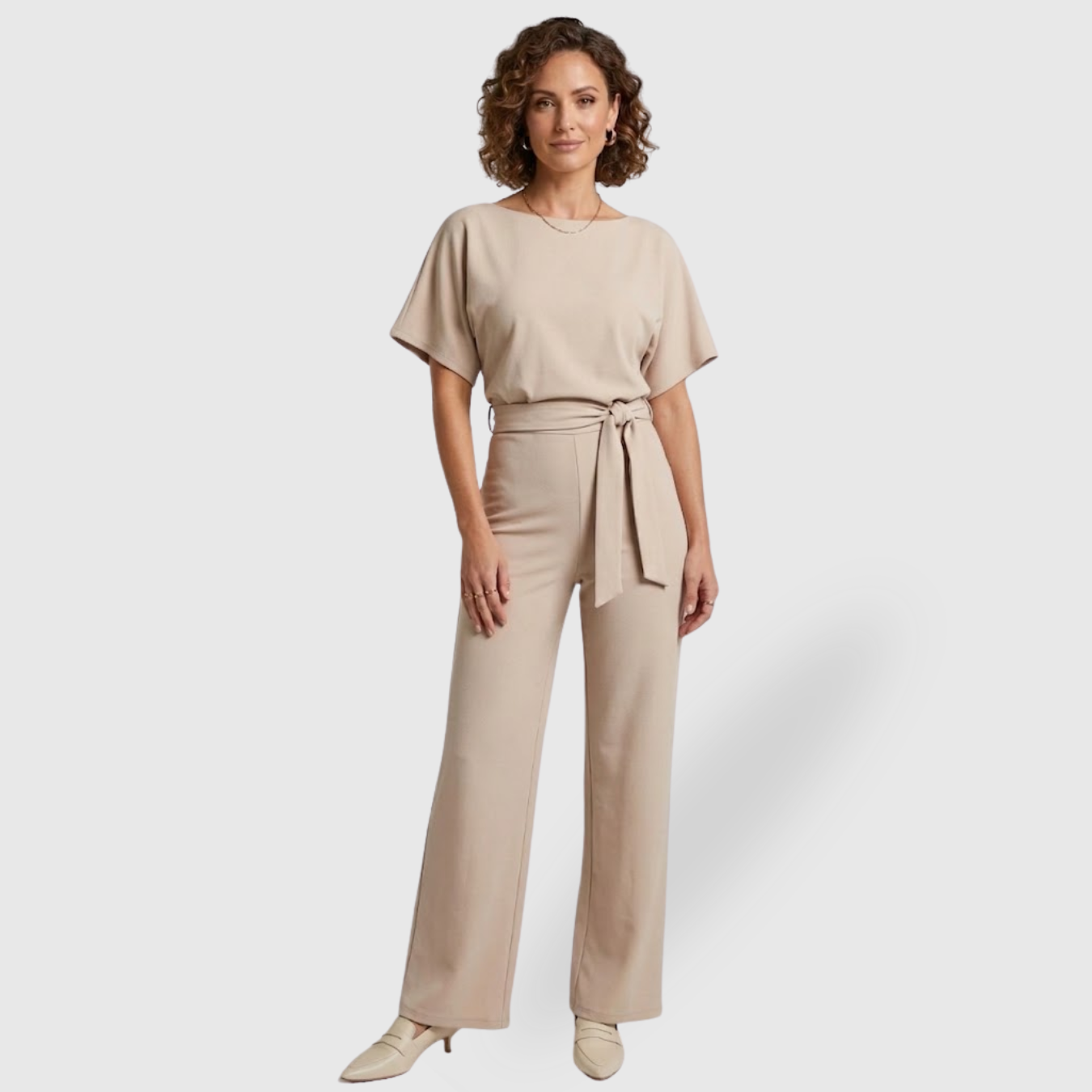 Combinaison pantalon femme manches courtes taille ceinturée coupe large