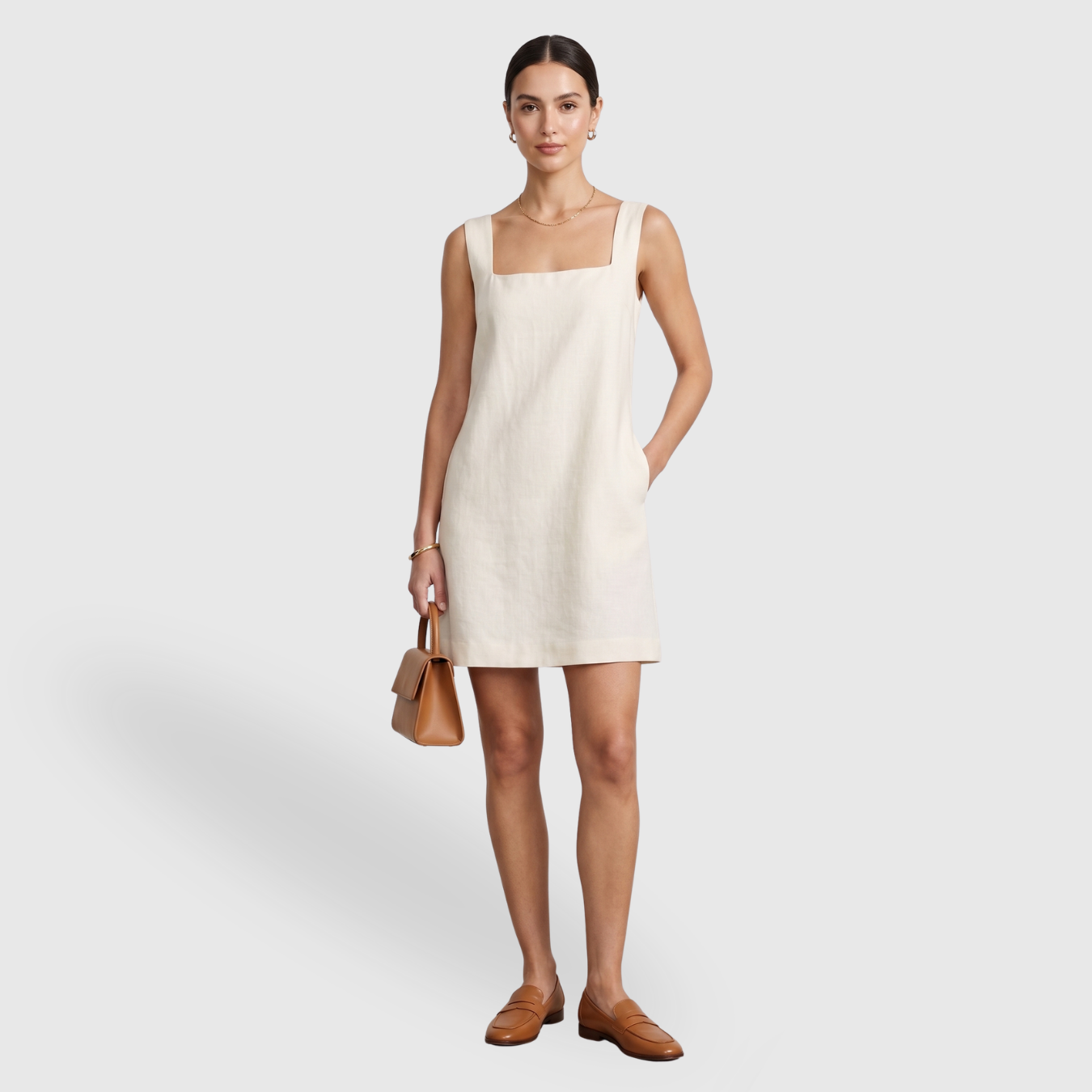 Robe courte femme en lin sans manches col carré