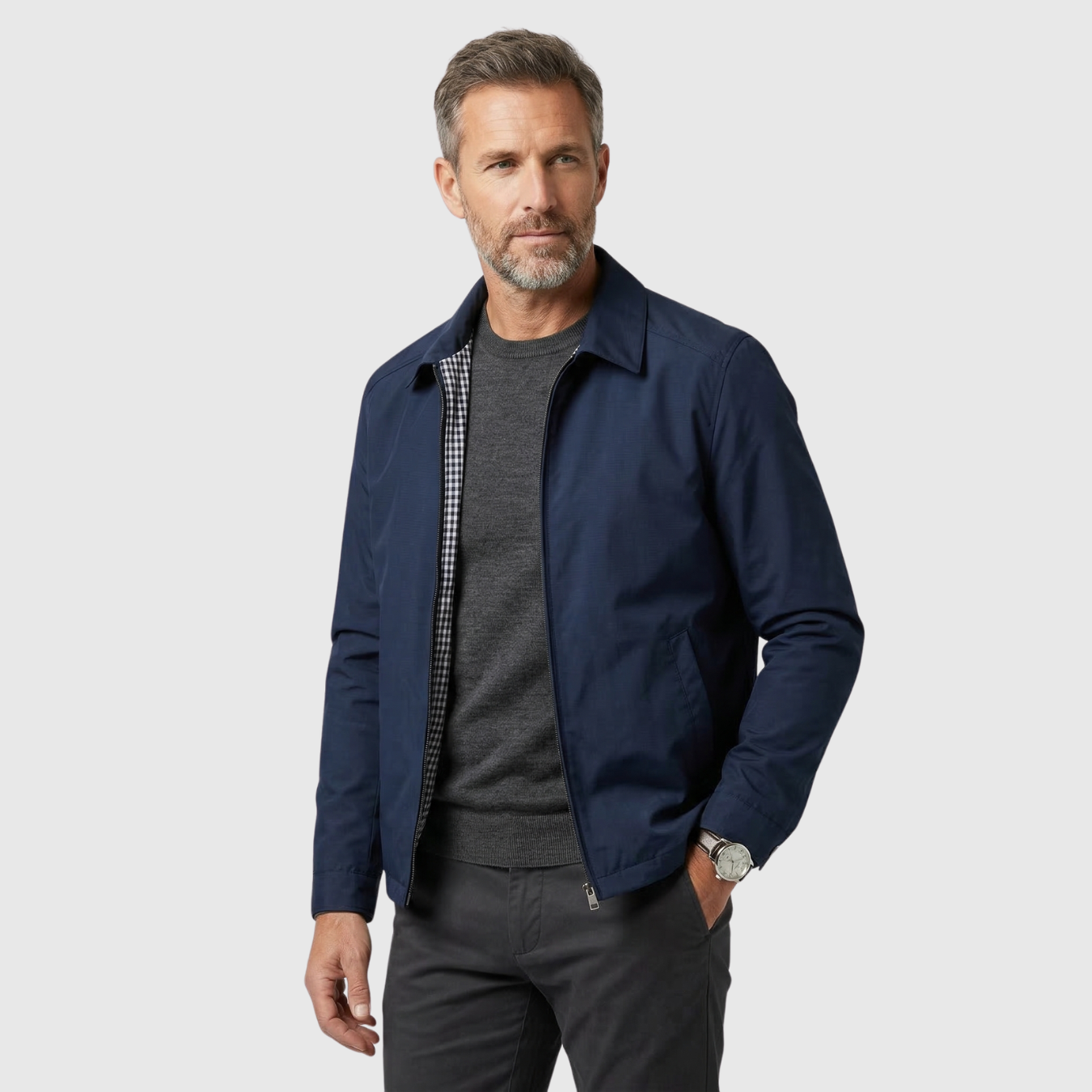 Veste homme mi-saison col montant fermeture zippée coupe ajustée casual business