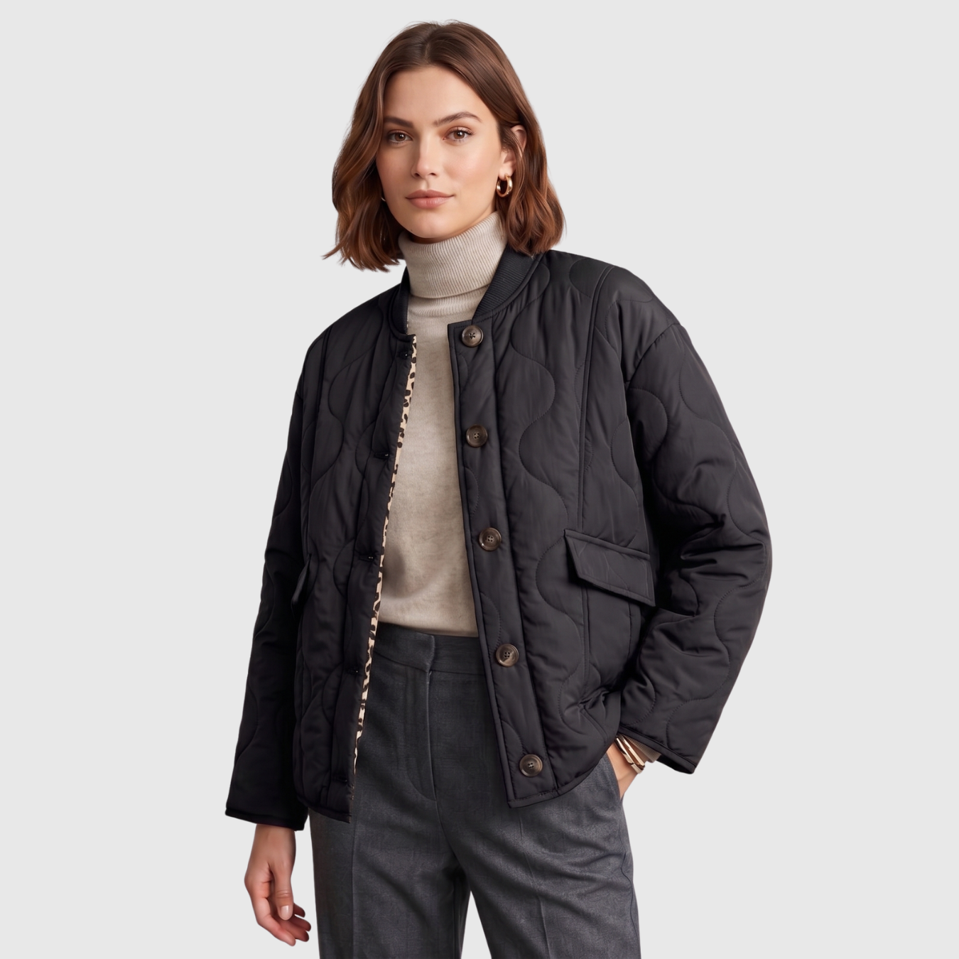 Veste matelassée femme courte col rond boutonnée doublure léopard