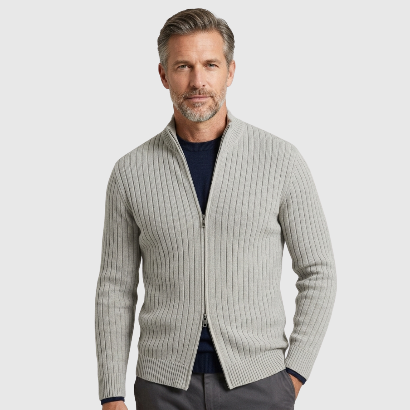 Gilet homme maille côtelée zippé col montant coupe ajustée